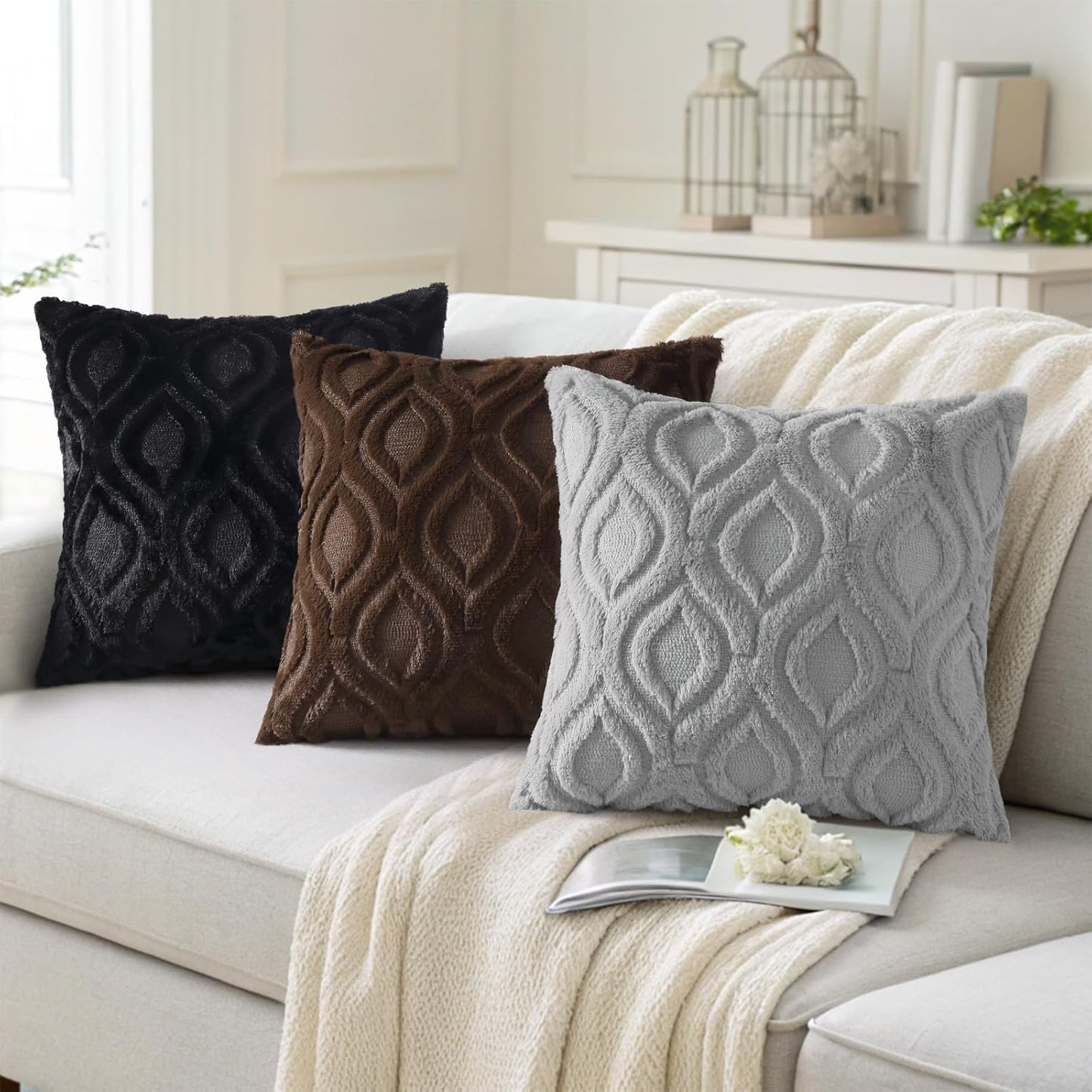 decorUhome Throw Pillow Covers 18x18 Inch Set of 2, Soft Plush Decorative Faux Fur Dark Brown Solid Couch Pillow Covers, Accent Farmhouse Neutral Square Euro Pillow Cases for Sofa Bed Living Room