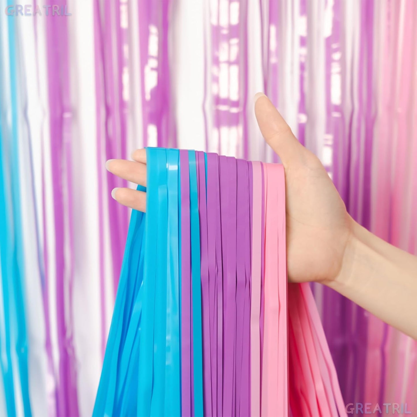 Blue Purple Pink Tinsel Backdrop - GREATRIL Pastel Foil Fringe Curtain Streamers for Pony Theme Birthdays Mermaid Shower Unicorn Girls Party Decorations 2 Packs