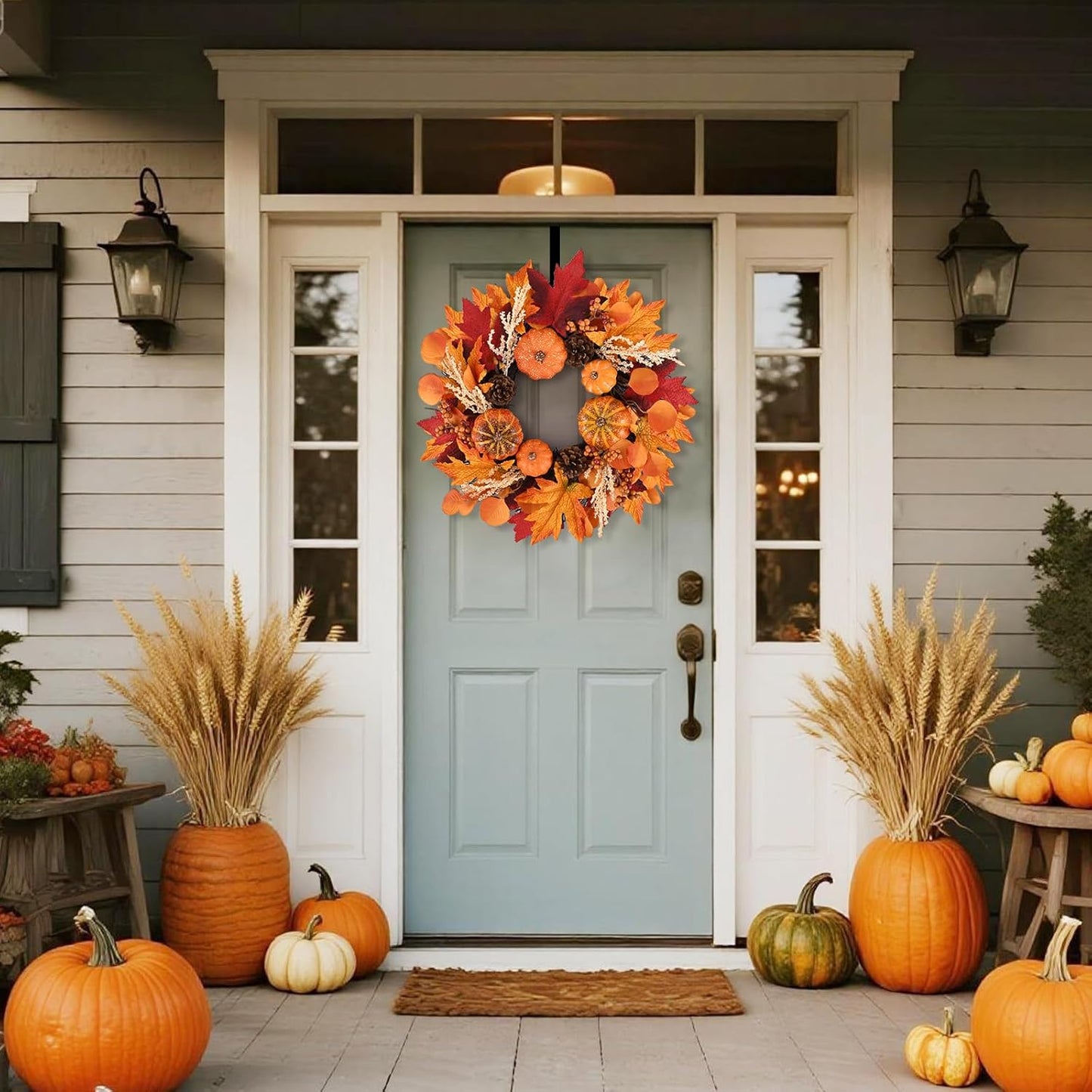 20 Inch Thanksgiving Fall Wreath, Berries Pumpkins Maple Leaves Pine Cones Autumn Wreaths with Hook for Front Door, Fall Decor, Porch Wall Home Outdoor Holiday Decorations Wreath for Autumn