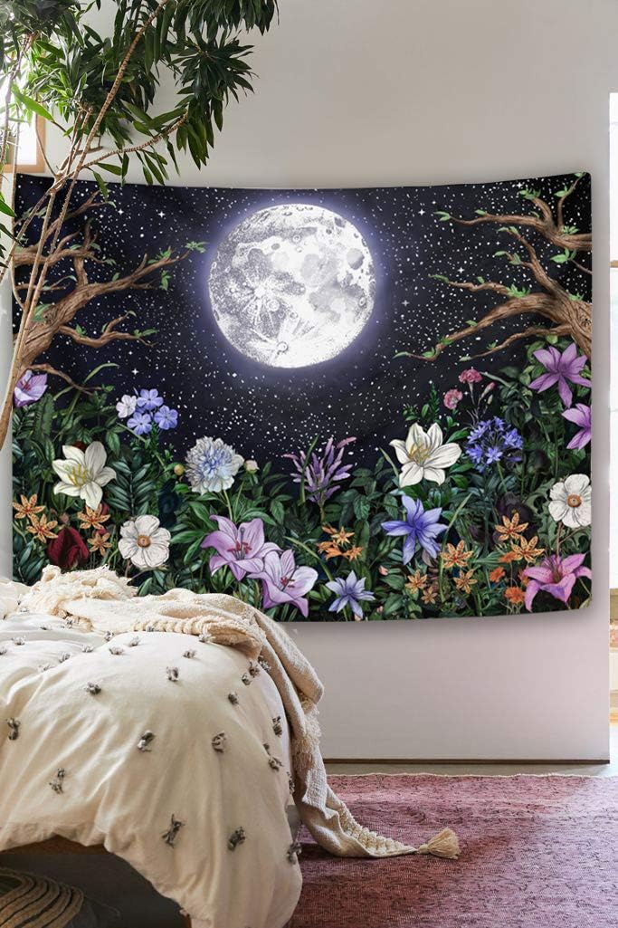 Neasow Aesthetic Moon Garden Tapestry Wall Hanging, Night Landscape with Colorful Plants Floral Tapestries for Bedroom Home Decor Multi Color 68×90 inch (172.5cm×230cm)