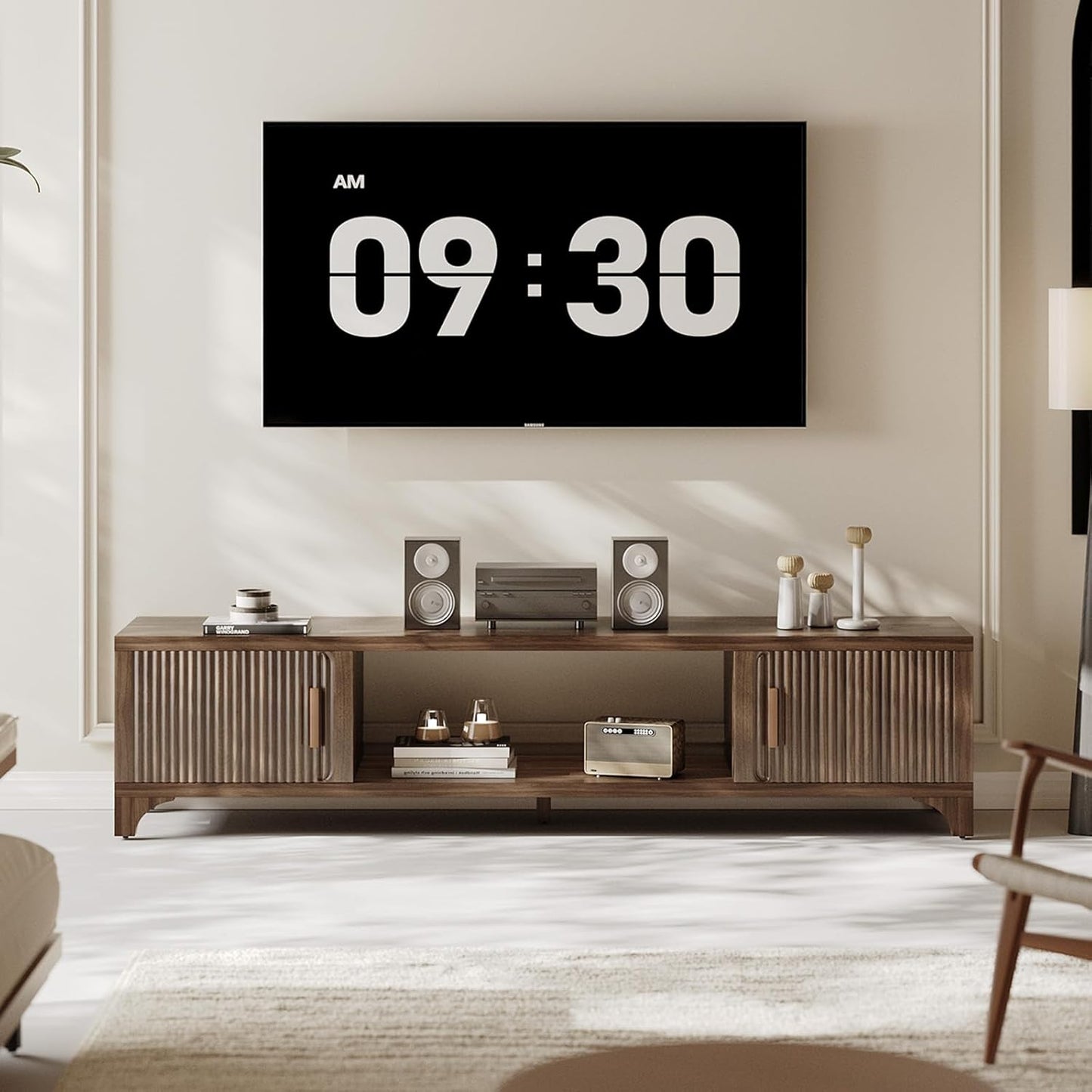 Mid Century Modern TV Stand for 70/75 Inches Television, TV Console with Fluted Doors and Storage, Entertainment Center for Living Room and Bedroom, Dark Brown