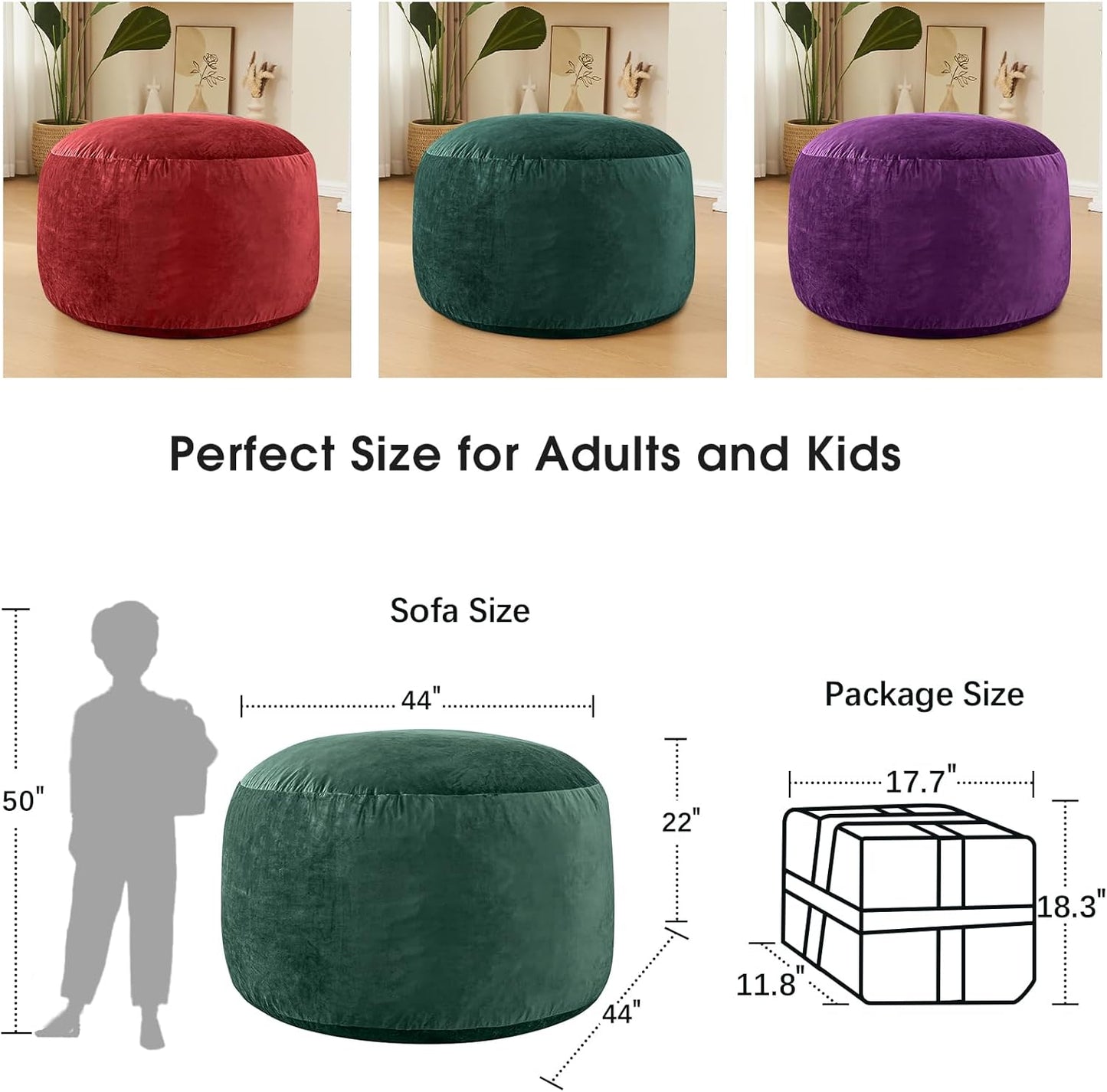 Bean Bag Chairs for Adults - Memory Foam Furniture BeanBag Chair - Kids/Teens Sofa with Soft Micro Fiber Cover - Round Fluffy Couch for Living Room Bedroom College Dorm - 4 ft, Green