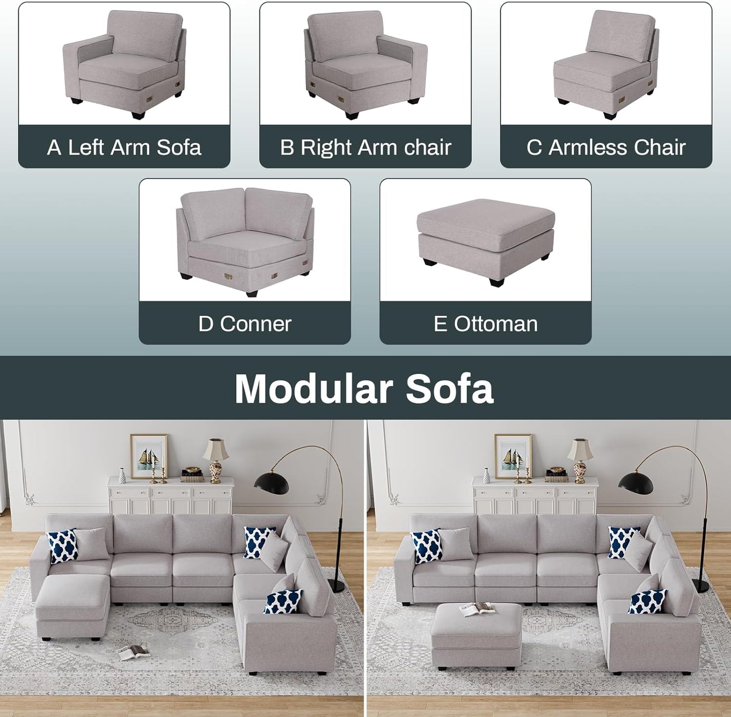 L Lengend Vansen Modular Sectional Sofa U Shaped Couch with Ottoman Modern Reversible Corner Sectional Couch for Living Room (Light Grey, U Shaped Sofa-2)