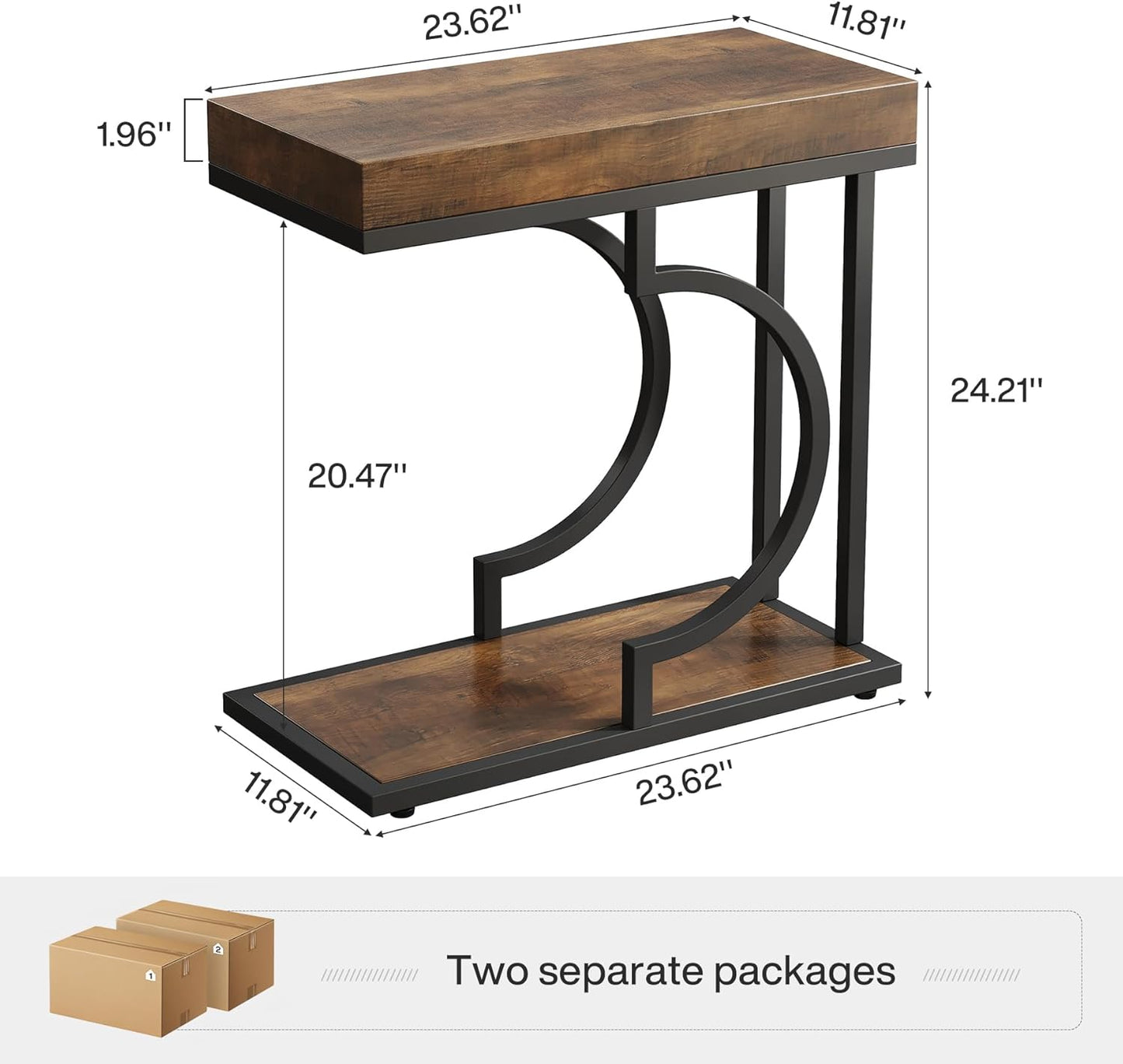 Tribesigns Side Table Set of 2 Narrow C Shaped End Table Modern Bedside Tables for Couch, Small Sofa Chairside Table with Metal Frame for Living Room (2, Brown+Black)