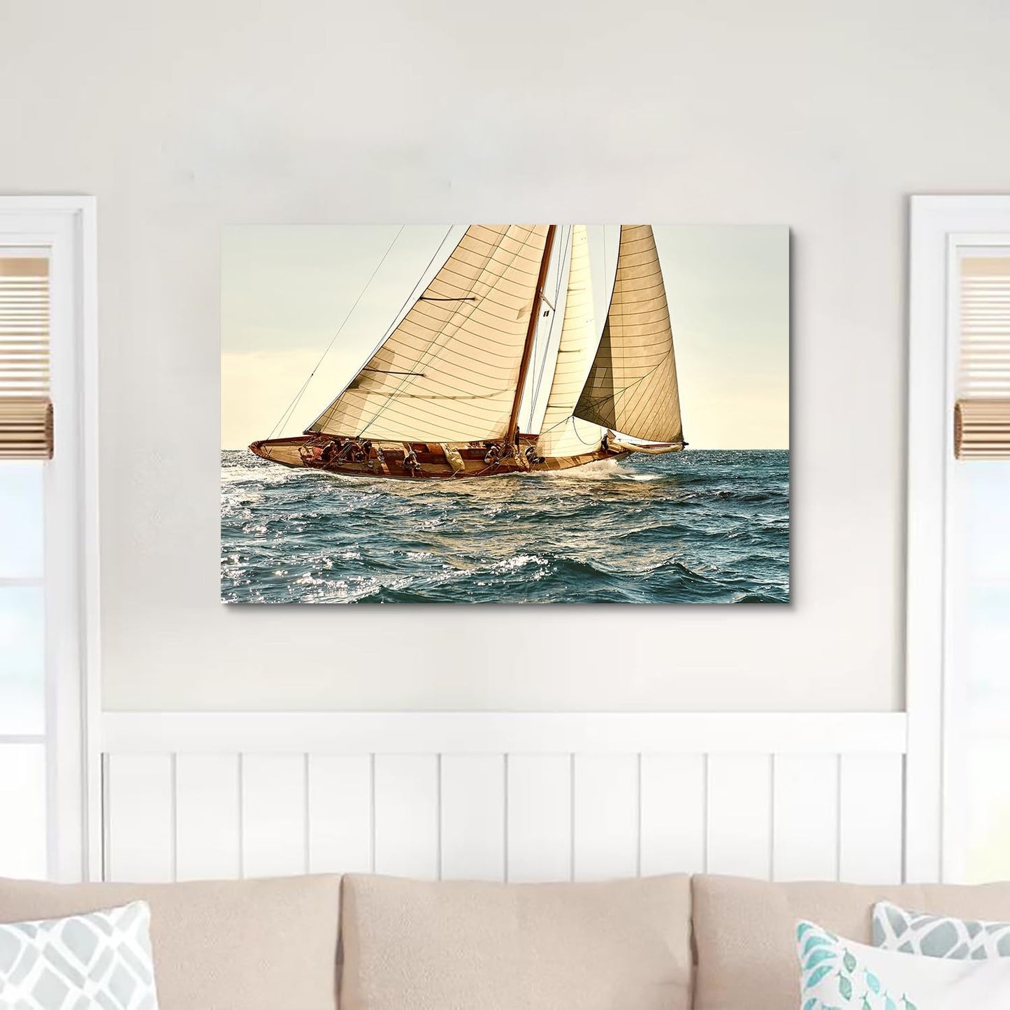 ARTISTIC PATH Coastal Nautical Canvas Wall Art - Ocean Sailboat Artwork Seascape Sailing Prints Wave Boat Picture Sunset Marine Painting for Living Room