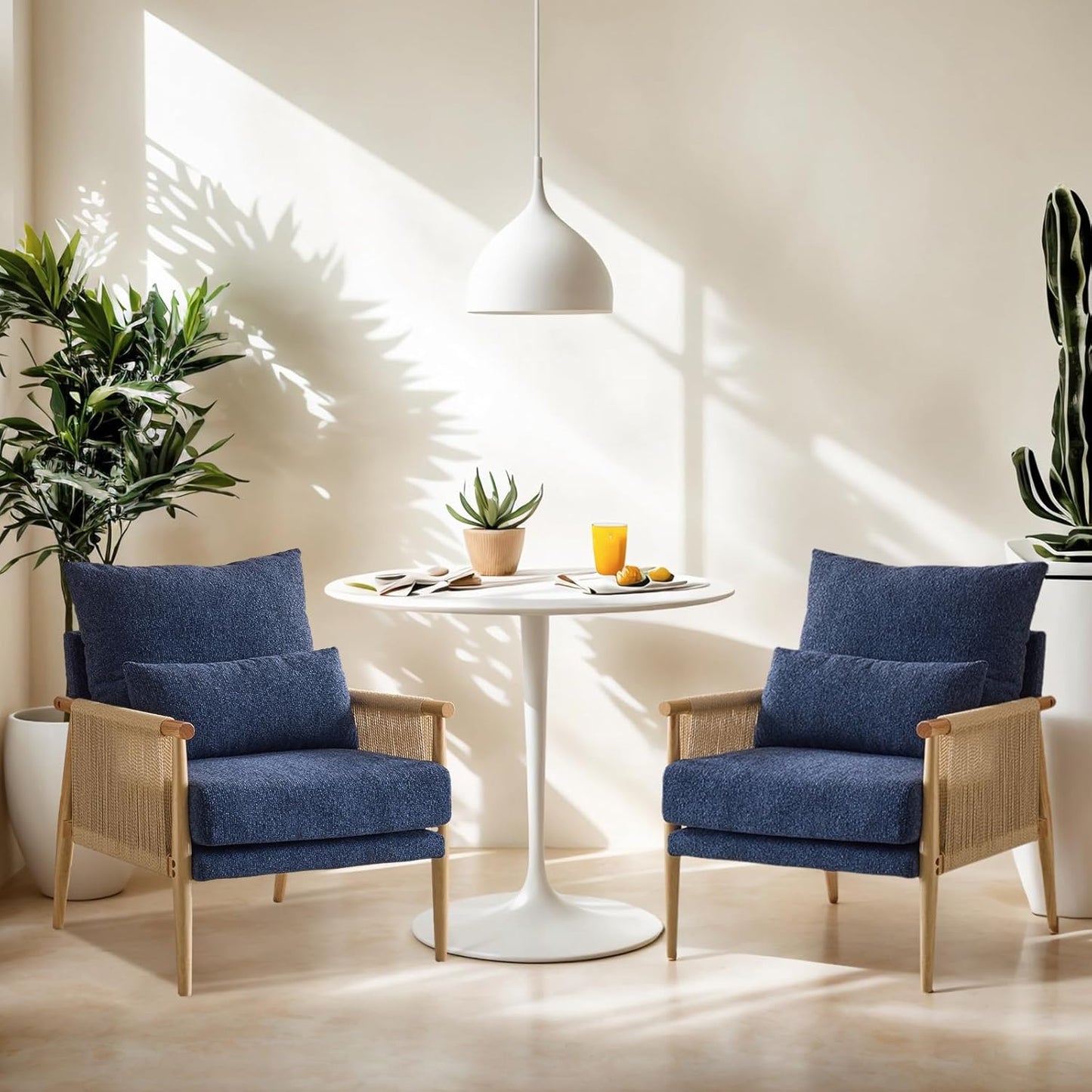 VINGLI Boho Braid Accent Armchairs Set of 2,Mid-Century Modern Chiars with Solid Wooden Armrest,Comfy Louge Cushion Chairs with Waist Pillow for Bedroom,Living Room,Reading Room, Blue