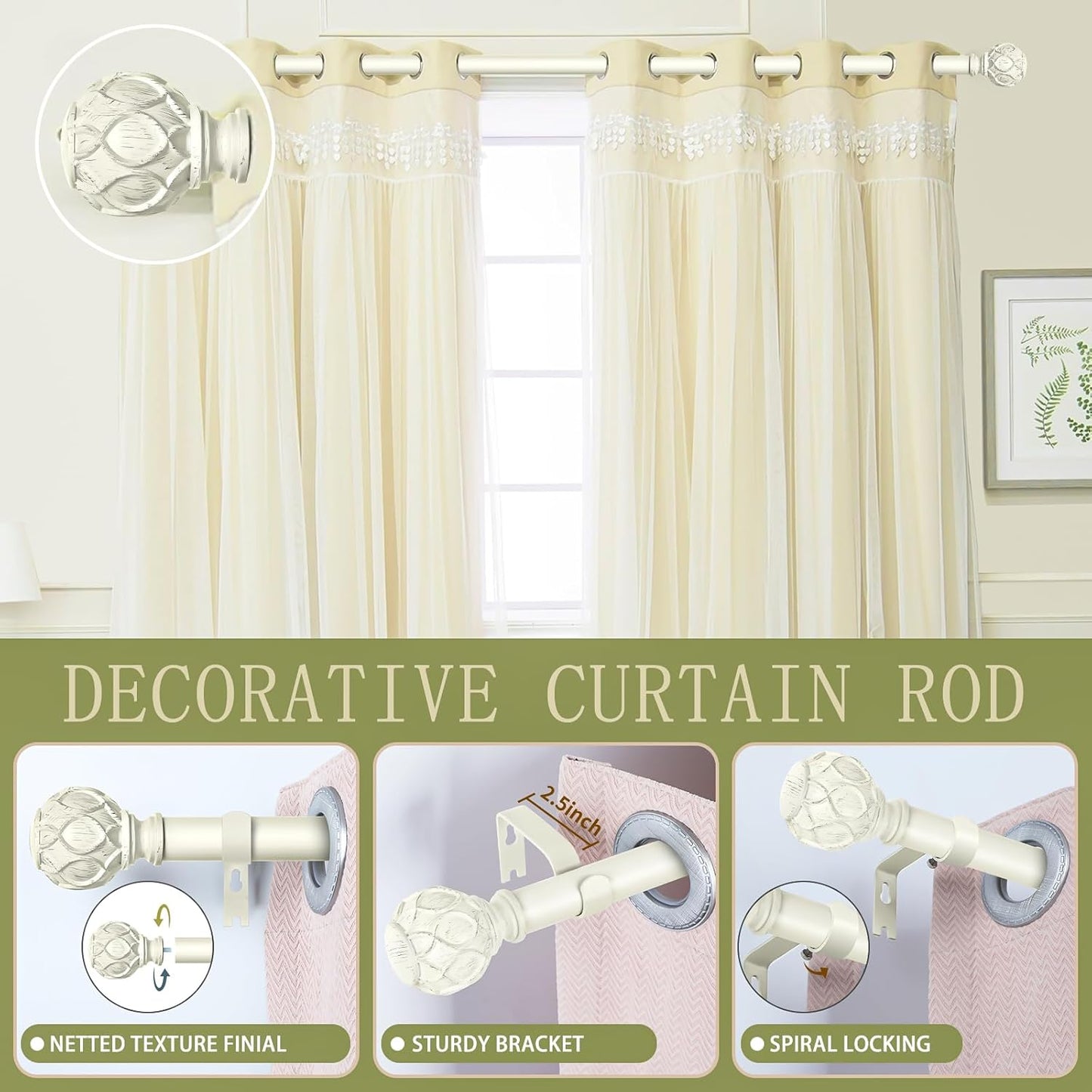 White Farmhouse Curtain Rods for Windows:66-120" Heavy Duty Adjustable Curtain Rod for Bedroom Living Room,Boho Decorative Rustic Drapery Rods with Vintage Coastal Texture Finial,Antique White