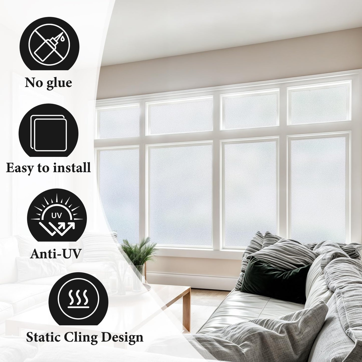 DUOFIRE Privacy Window Film Natural Frosted Glass Film Static Cling Glass Film No Glue Anti-UV Window Sticker Non Adhesive for Privacy Office Meeting Room Bathroom Living Room 29.5in. x 118in. S001