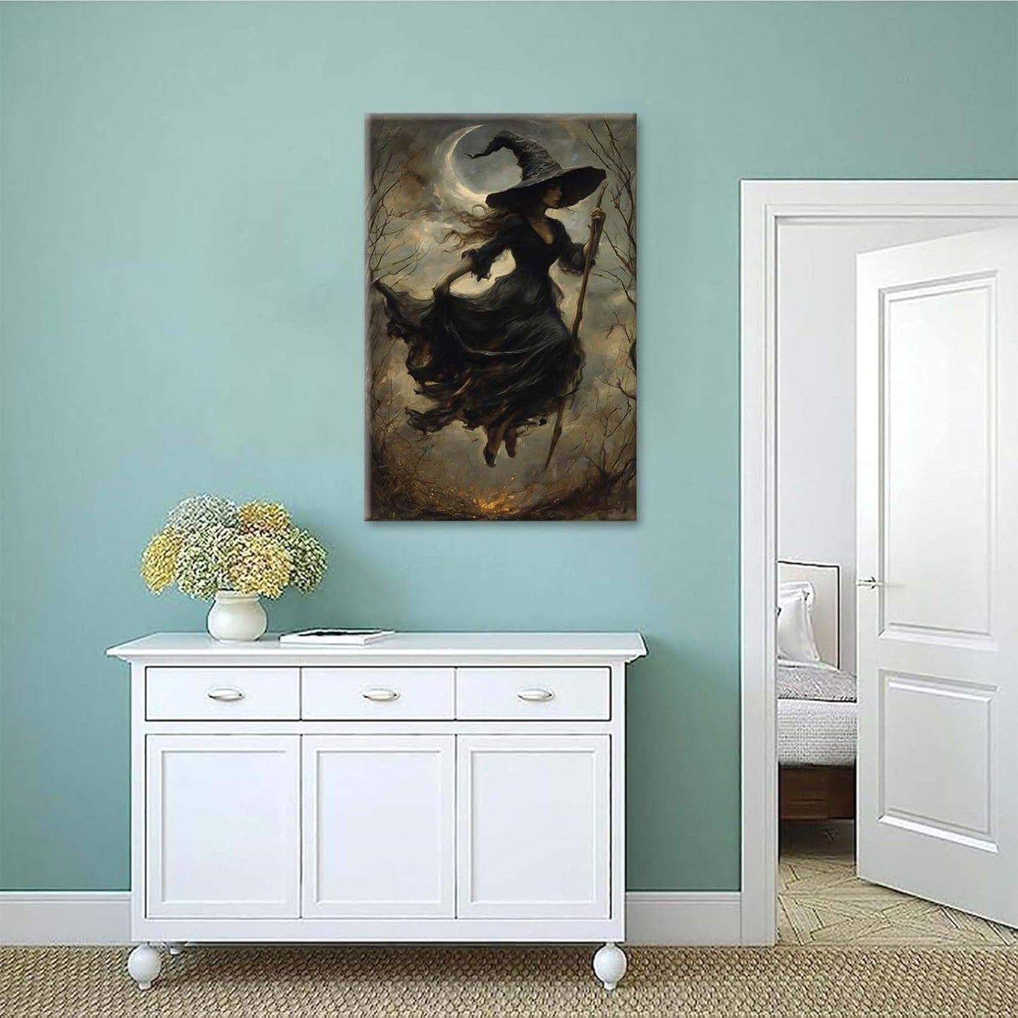 Witch in the Forest Halloween Print Wall Art Poster Witch Decor Vintage Print Dark College Wall Art Victorian Gothic Room Decor Canvas Wall Print28x40in Wood Framed