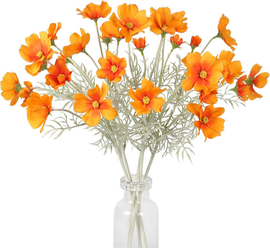 IPOPU Orange Silk Flowers Artificial Daisies 5PCS Cosmos Artificial Flowers Fake Wildflowers Daisy Flowers with Stems for Home Decor Indoor Floral Arrangements Centerpiece (Orange)