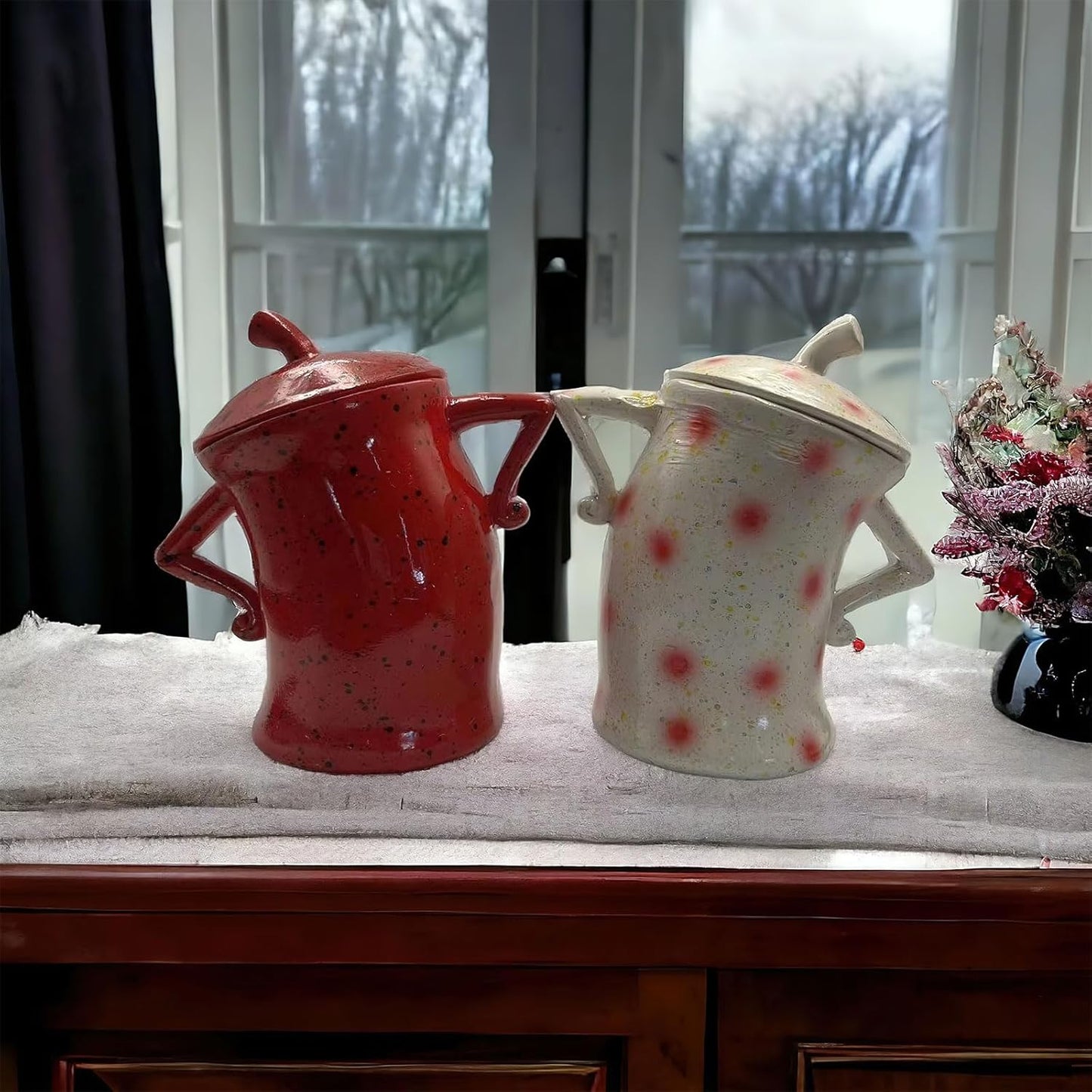 Canister with Attitude, Creative Forked Waist Jars with Lids, Retro Spotted Cup Food Cans Kitchen Storage Jars Airtight Canister for Tea Pot Desktop Cup Ornament(Red)