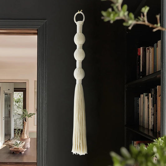 Macrame Wall Hanging Small Sphericity Cotton Textile Tassel Wall Hanging Fiber Yarn Art for Living Room Bedroom 27'' L x 2.3'' W