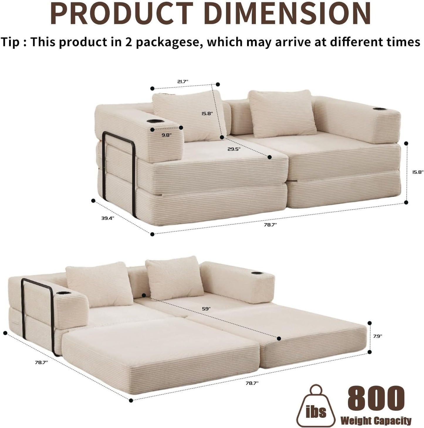 78" W Loveseat Sofa, 4 in 1 Convertible Floor Sofa Bed, Boneless Cloud Couch with Cup Holder, Fold Out Floor Couch, Loveseat Recliner Sleeper for Living Room Bedroom Lounge(Corduroy, White)