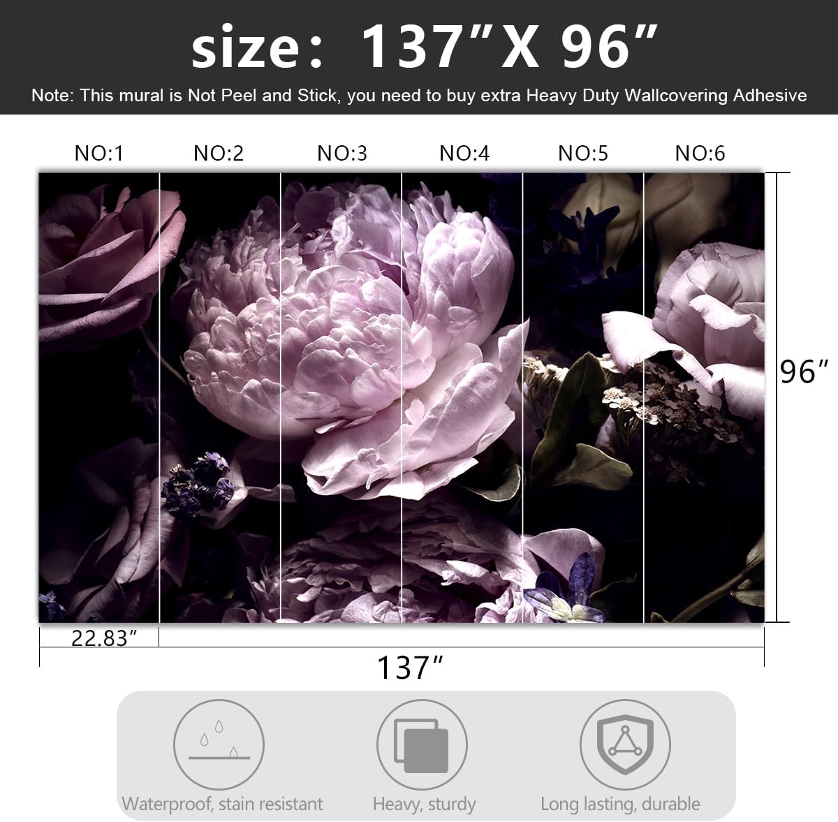 -Black Peony Purple Floral Botanical Fabric Wallpaper Living Room Bedroom Bathroom Dark Flowers Large Wall Mural- 137"x96"（ not Peel and Stick）