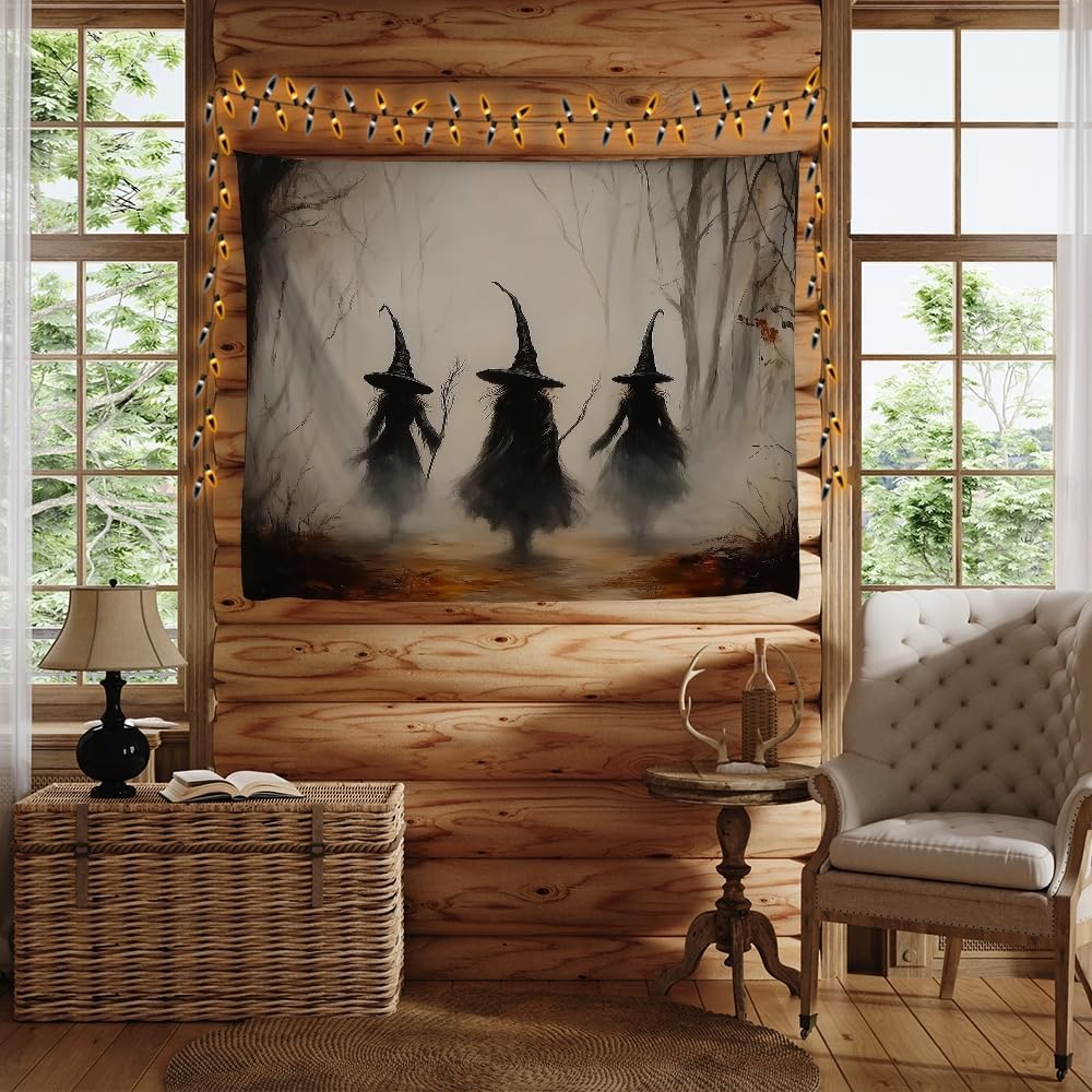 Witchy Halloween Tapestry Wall Hanging Vintage Spooky Witch Room Print Dark Academia Autumn Forest Three Witches Tapestries Decor for Halloween Living Room Bedroom Decoration 40x60inch