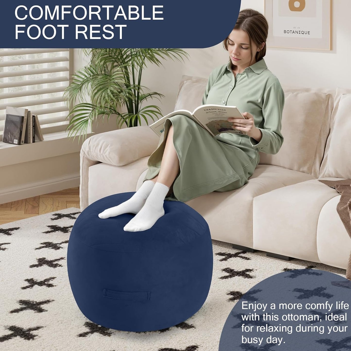MeMoreCool Round Stuffed Pouf Ottoman Foot Rest, Floor Pouf Foot Stool with Soft Foam Chunk Filling, Small Round Ottoman Footstool Circle Footrest for Living Room, Navy