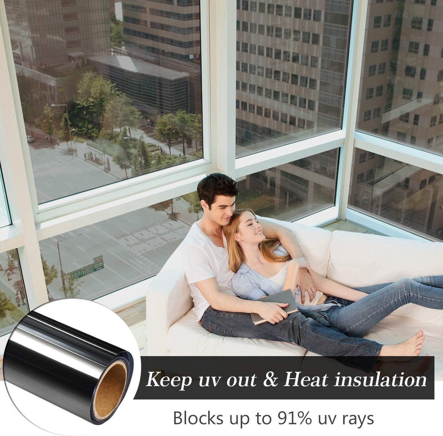 HIDBEA One Way Window Film, Daytime Privacy Sun Blocking Reflective Window Film No Glue Static Cling Heat Control Window Tinting Film for Home and Office, Black Silver, 55.1 x 393.7 Inch