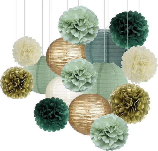 zilue Sage Green Party Decorations, Sage Green Paper Lanterns and Pom Poms Flowers for Birthday Party Baby Shower Wedding Shower Decor Gold/Ivory/Sage Green 15pcs