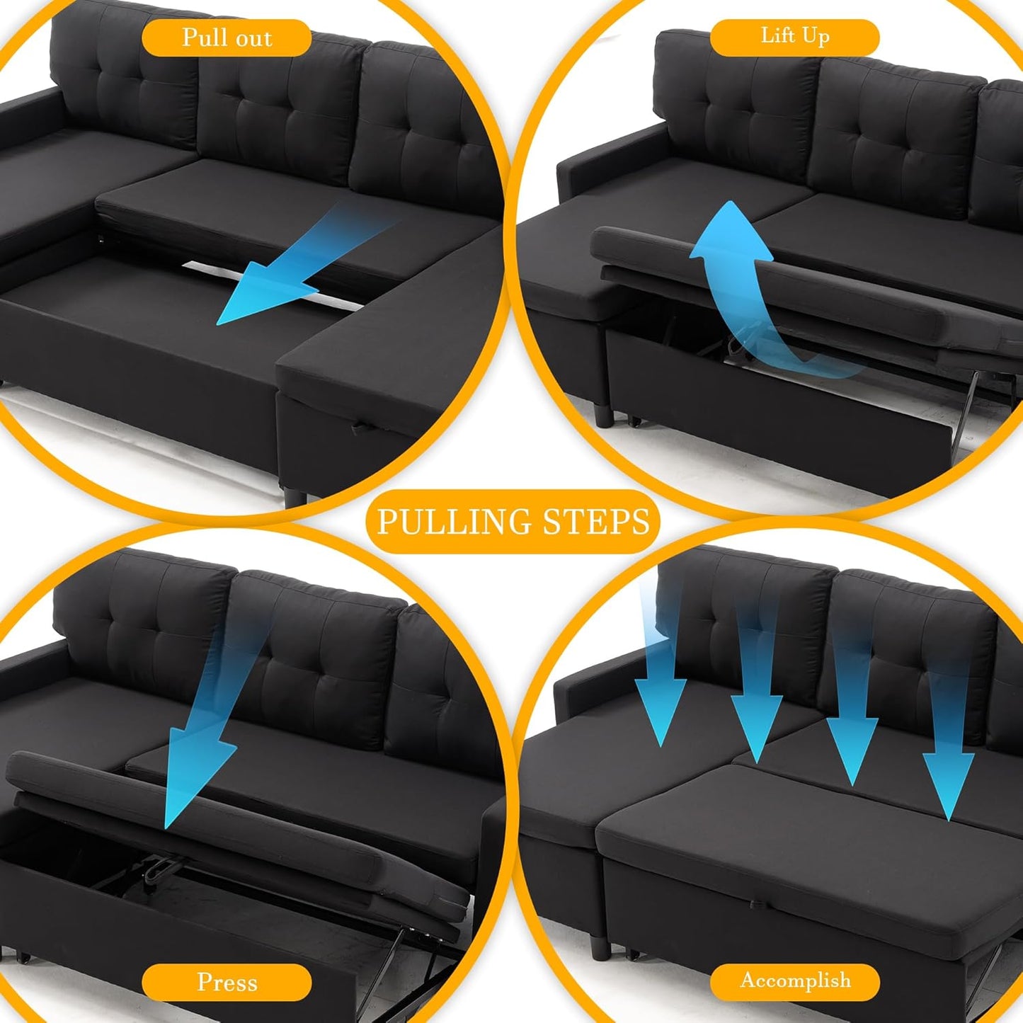 Pull Out Couch, Oversized Sleeper Sofa Couch, Sectional Sleeper Sofa Bed for Living Room Bedroom Lounge (Black, 73 Inch)