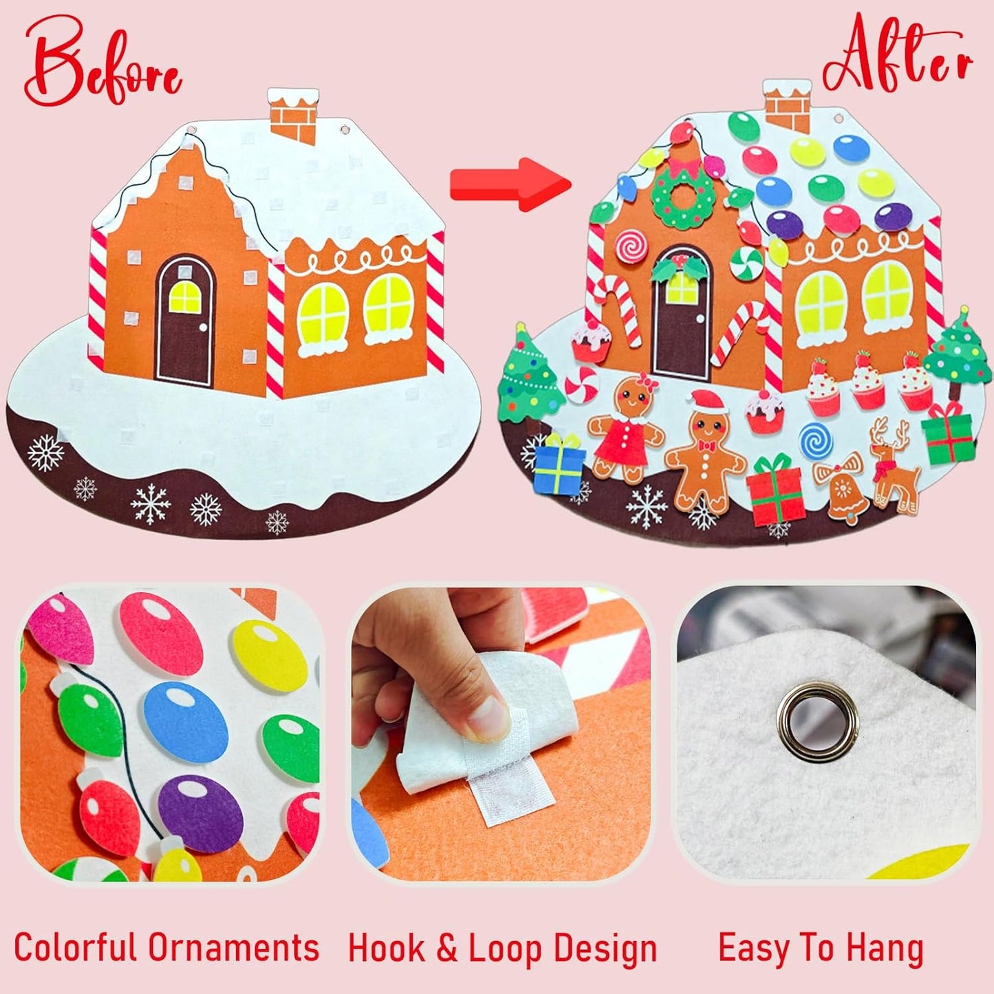 Felt Gingerbread House with Detachable Felt Christmas Ornaments, Festive Gingerbread Man Woman Story Board for Wall, DIY Montessori Activities for Little One Craft Kit Xmas Decor Party Favor