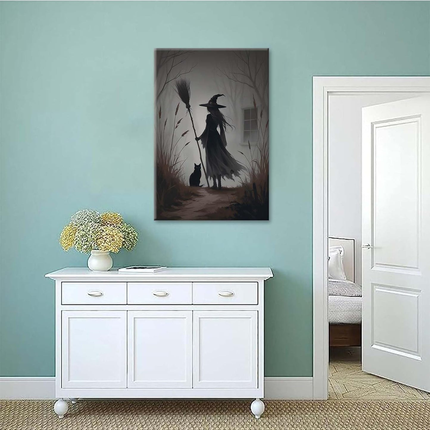 Vintage forest witch and black cat poster Halloween mural poster decoration mural art magic suitable for home living room bedroom24x36in Wood Framed