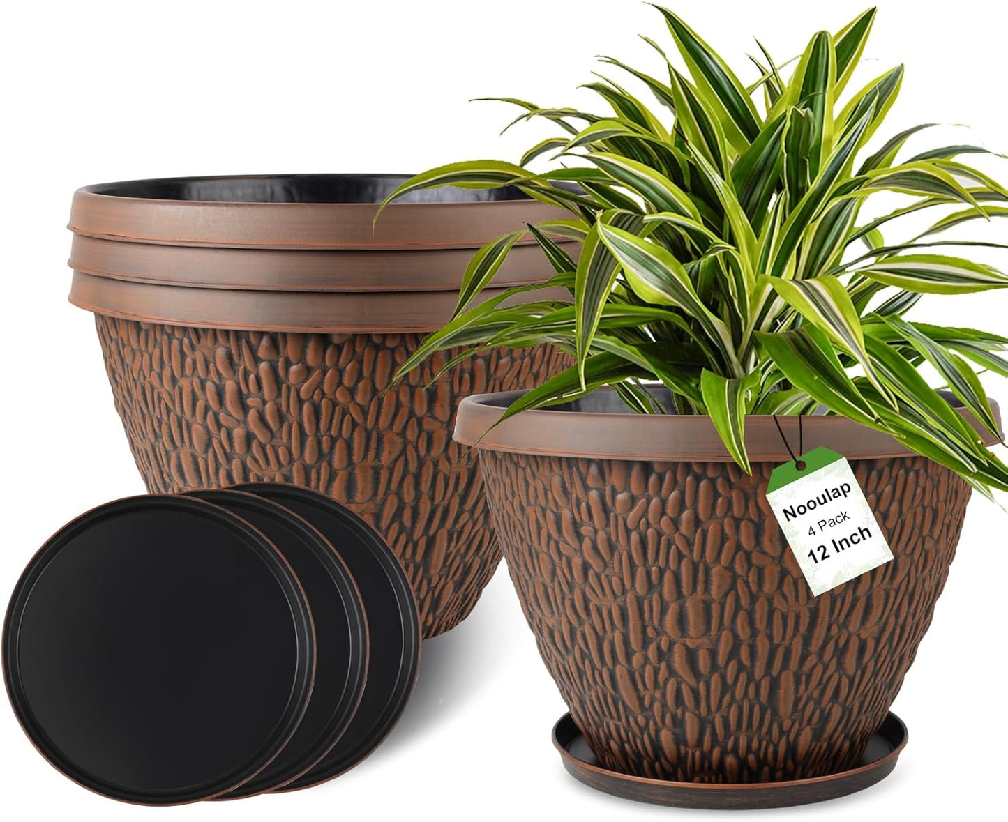 4 Pack 12 Inch Pots for Plants, Plastic Outdoor Flower Pots with Drainage Hole & Tray, Large Planters for Garden Porch Home Indoor Outdoor Decor - Pebbles Pattern Design Plant Pots