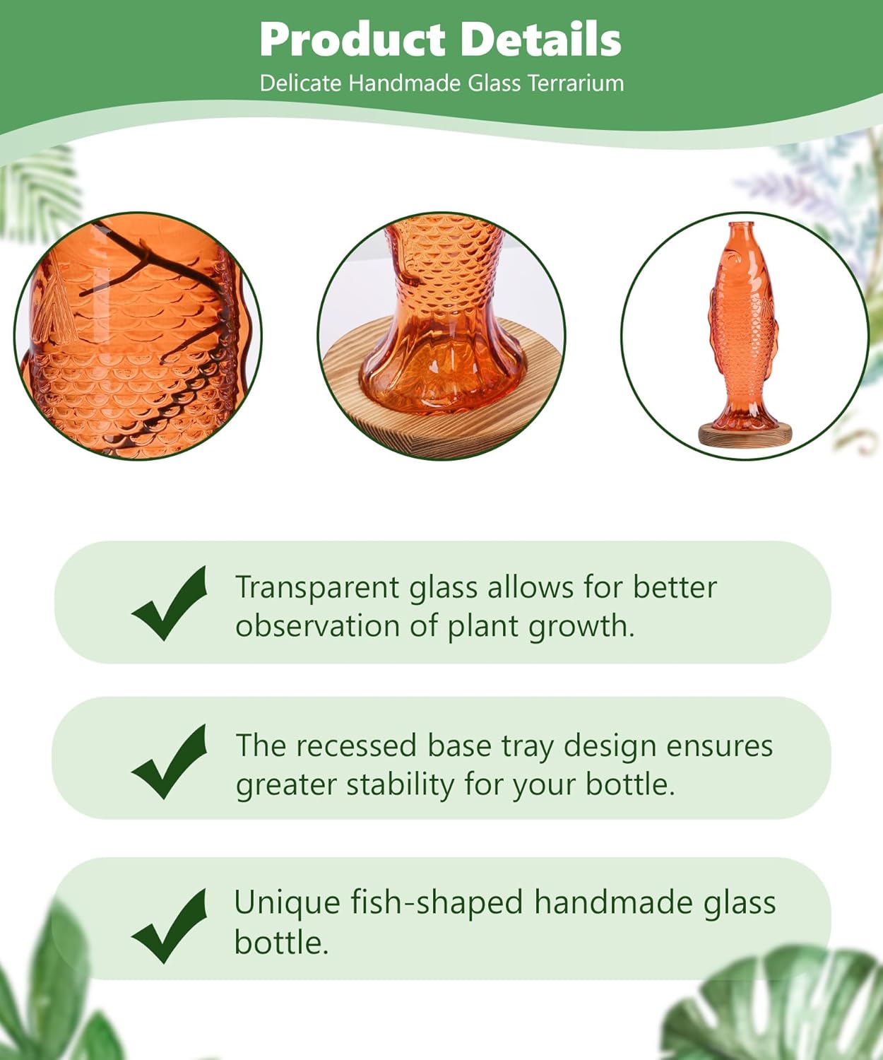 Nacome Fish Vase Glass Plant Terrarium with Wooden Stand,Planter Propagation Station for Home Office Hydroponics Desk Decoration,Unique Gardening Gifts for Plant Lovers Women Mom(Orange)