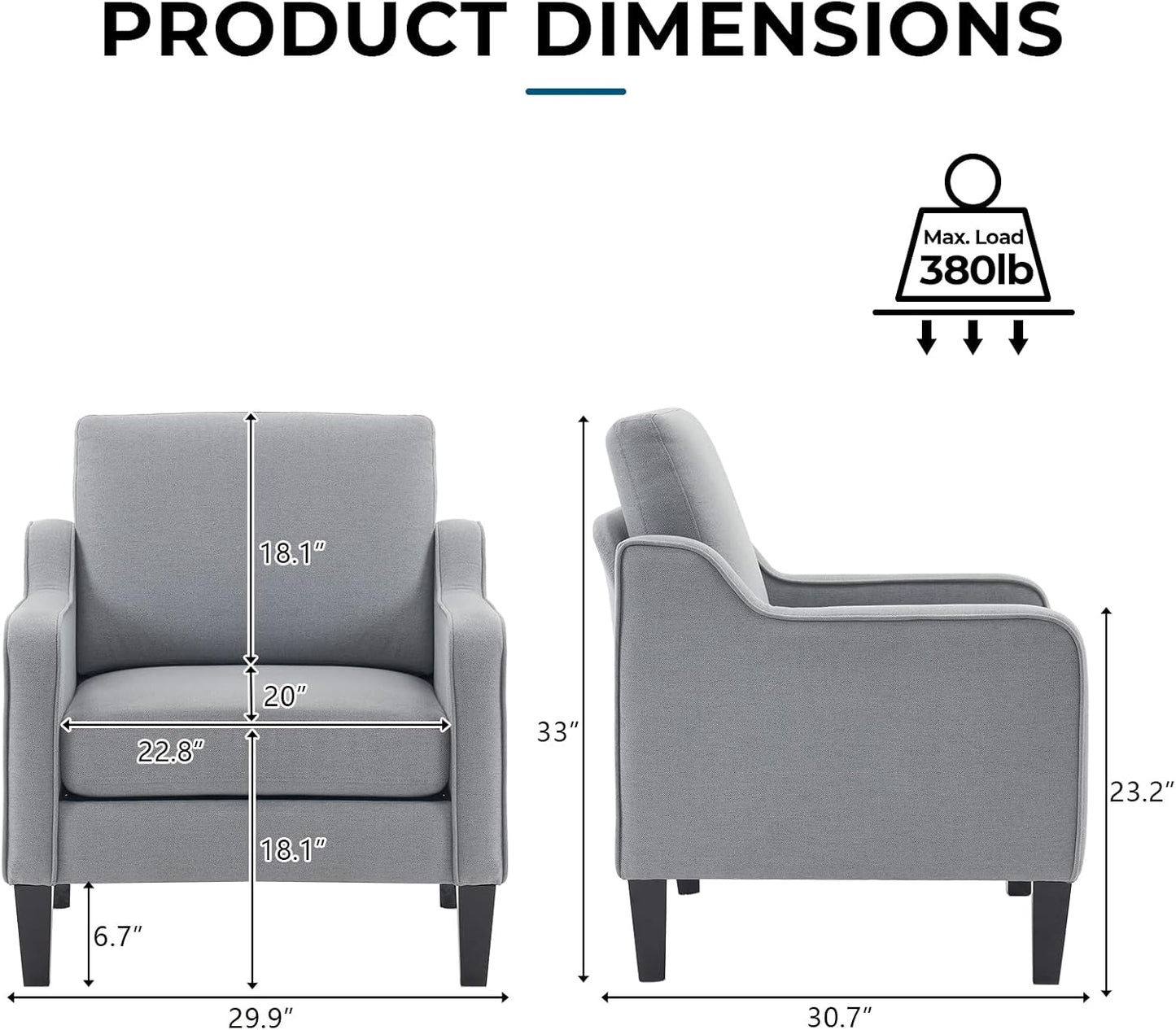 VINGLI Modern Accent Chairs Set of 2, Grey Living Room Chairs Comfy Armchair for Bedroom, Upholstered Sofa Chair Reading Chair for Small Spaces, Apartment, Waiting Room