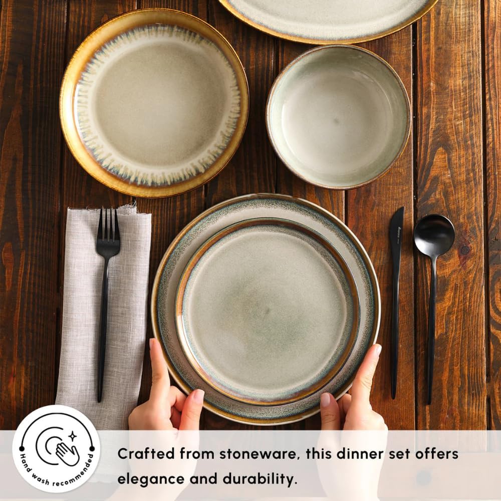Karaca Earthy 52 Piece Stoneware Plates and Bowls Set, Reactive Glaze Dinner Set, Complete Kitchen Tableware Collection, Ideal Dinnerware for 12 People Dining Experience, Dishwasher Safe