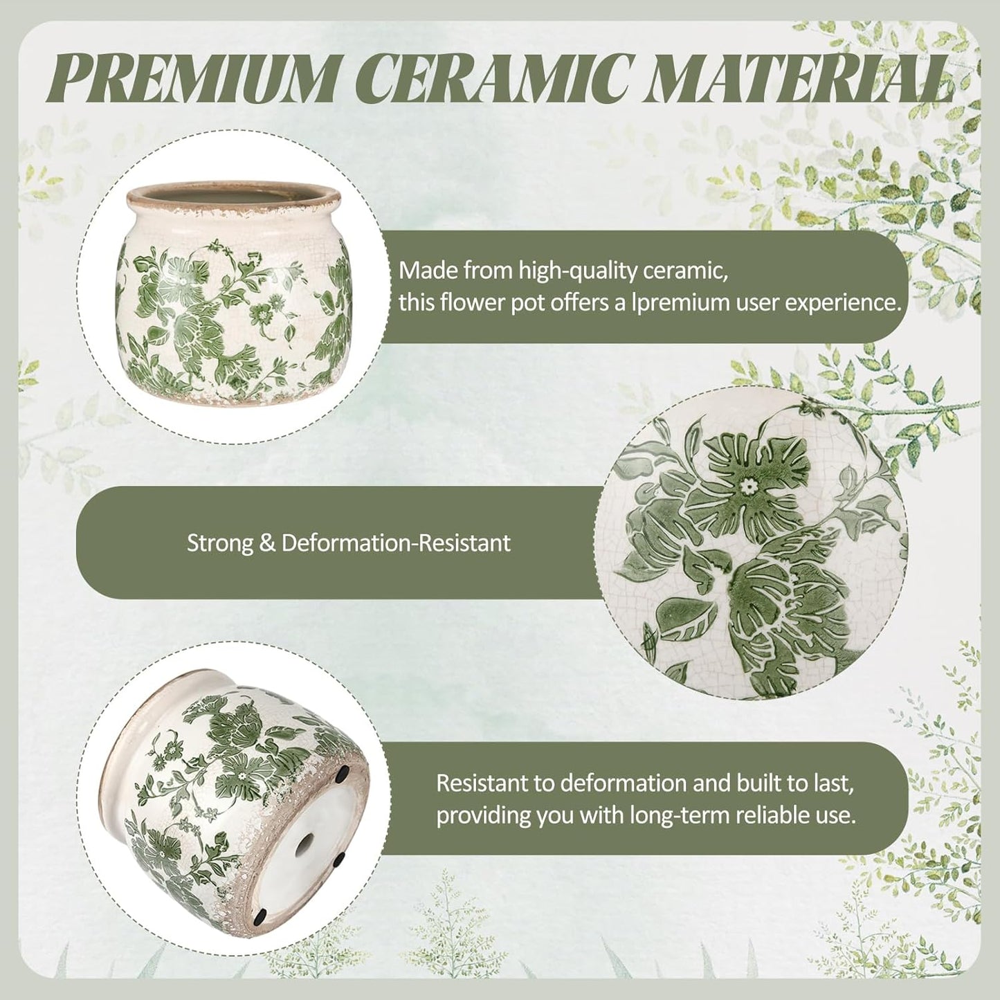 2 Pcs Vintage Planter Large Ceramic Plants Pot Beige Green Vintage Floral Ice Crack Cottage Scroll Vase Flower Vase Pot Indoor Plants Home Kitchen Decor Farmhouse Antique Decorative Gifts