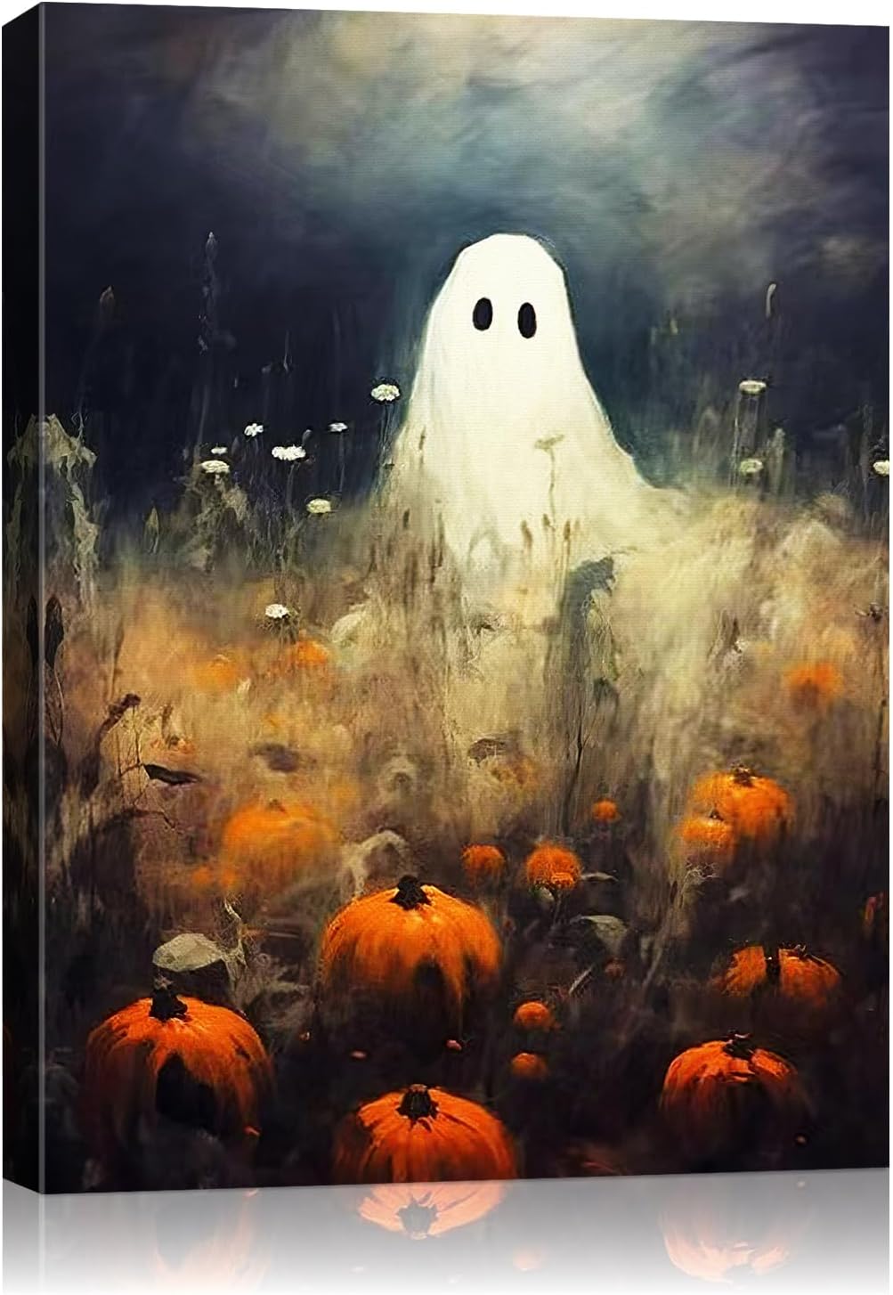 Halloween Canvas Wall Art, Spooky Ghost in Pumpkin Patch Poster, Vintage Gothic Fall Decor, Dark Academia Fall Decor for Living Room, Framed Indoor Halloween Decorations