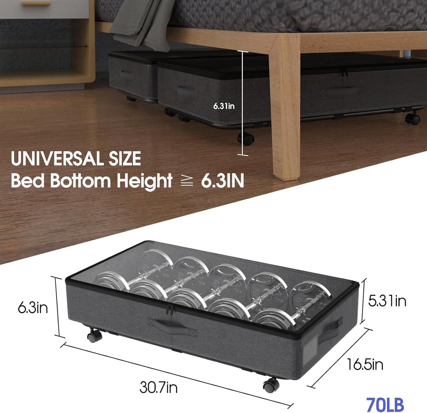 Under Bed Storage with Wheels, 2 Pack Under Bed Storage Containers with Transparent Lid, 50L Large Capacity Underbed Storage Containers, Underbed Storage Bins for Clothes, Shoes, Books, Toys, Black