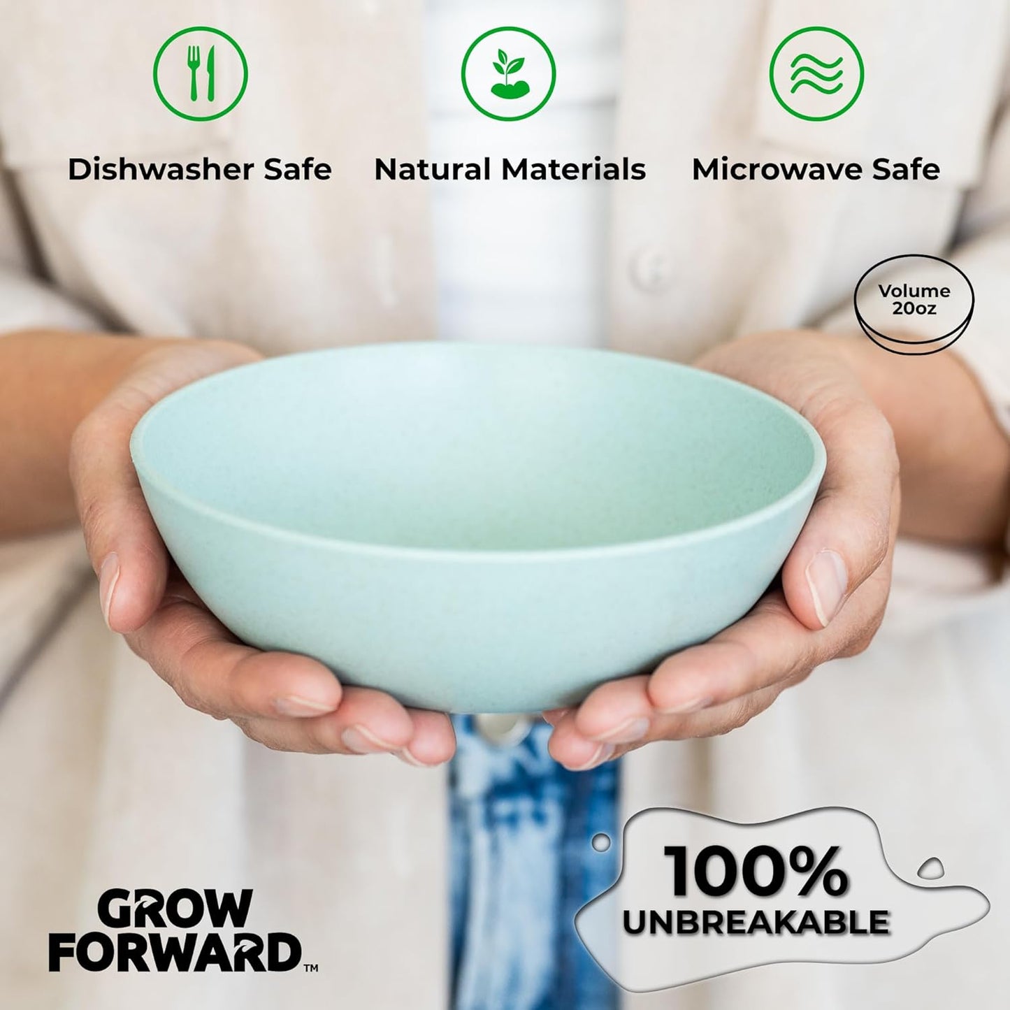 Grow Forward Premium Wheat Straw Bowls - 20oz Microwave Safe Plastic Cereal Bowls Set of 8 for Kitchen, Camping, RV, Dessert, Snack, Soup, Salad, Fruit - Reusable, Unbreakable & BPA Free - Seascape