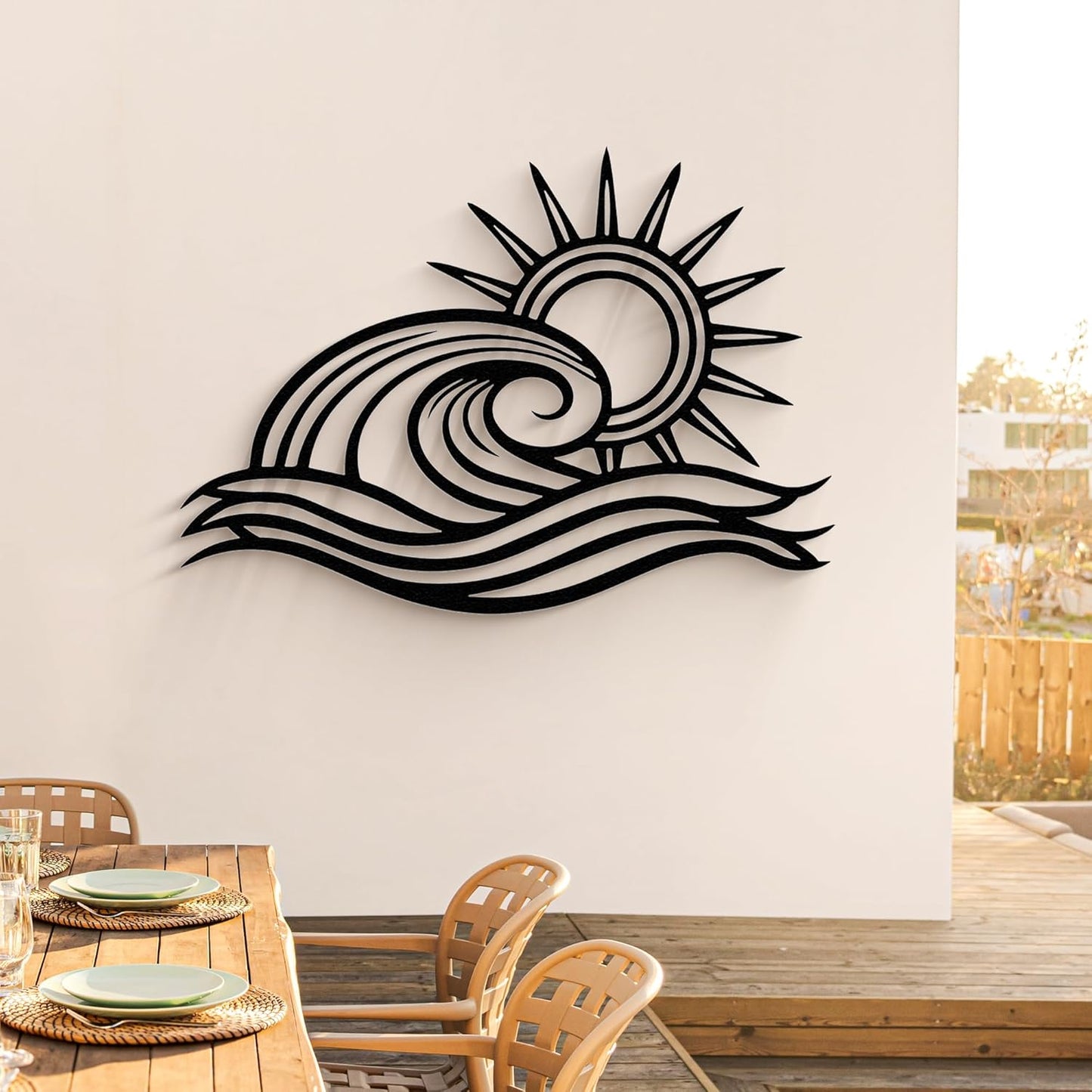 Wita Home Ocean Wave Metal Wall Art, Sun Beach Decor, Coastal Large Wall Sculpture for Home, Indoor/Outdoor Use, Nautical Wall Hanging, Eye-Catching Addition to Living Room (Black, 40 x 23 inches)
