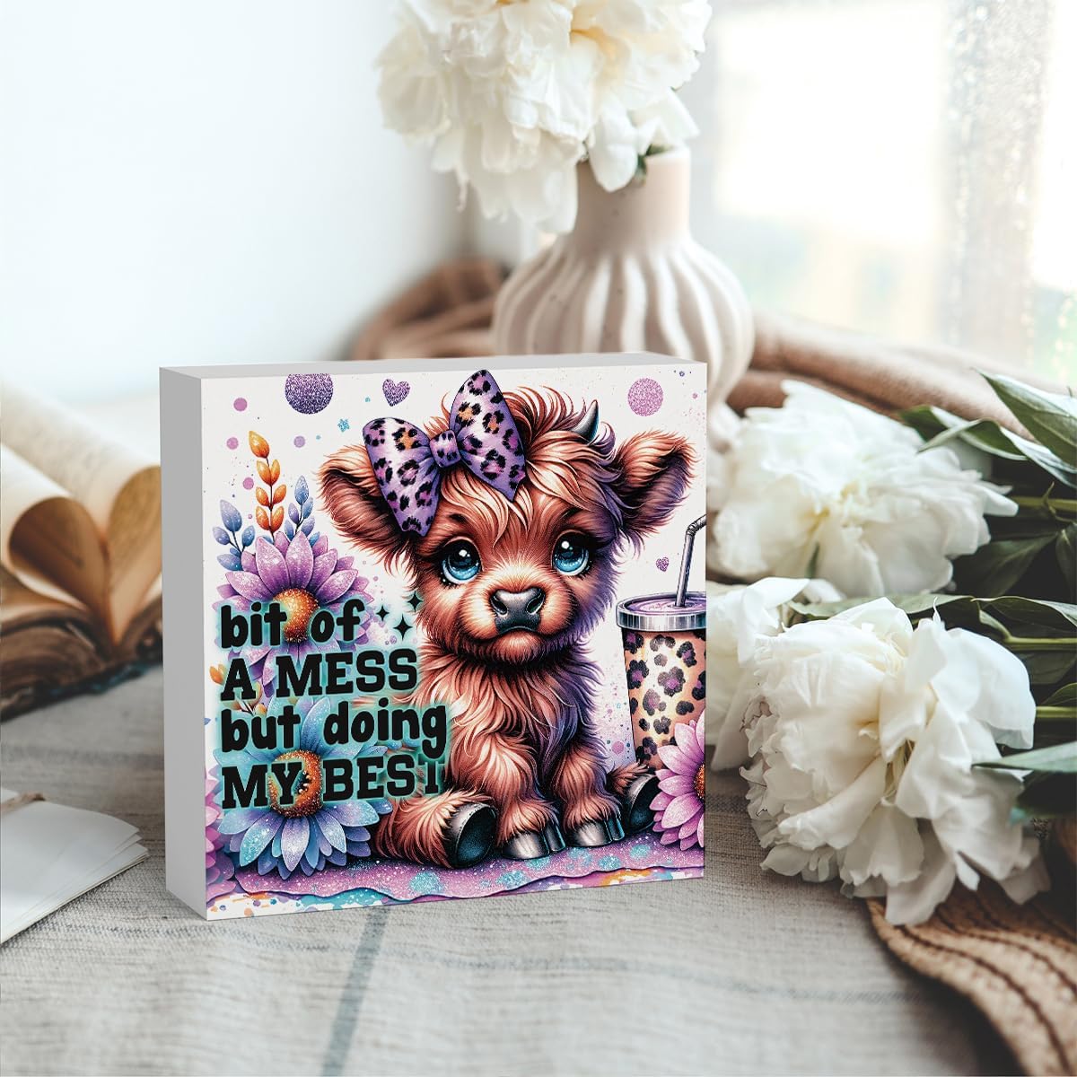 Highland Cow Baby Decor, Highland Cow Sunflower Decor, Highland Cow Gifts for women, Highland Cow Nursery Decor, Wooden Box Decor Sign for Home Farmhouse Office Living Room Table Shelf Tiered