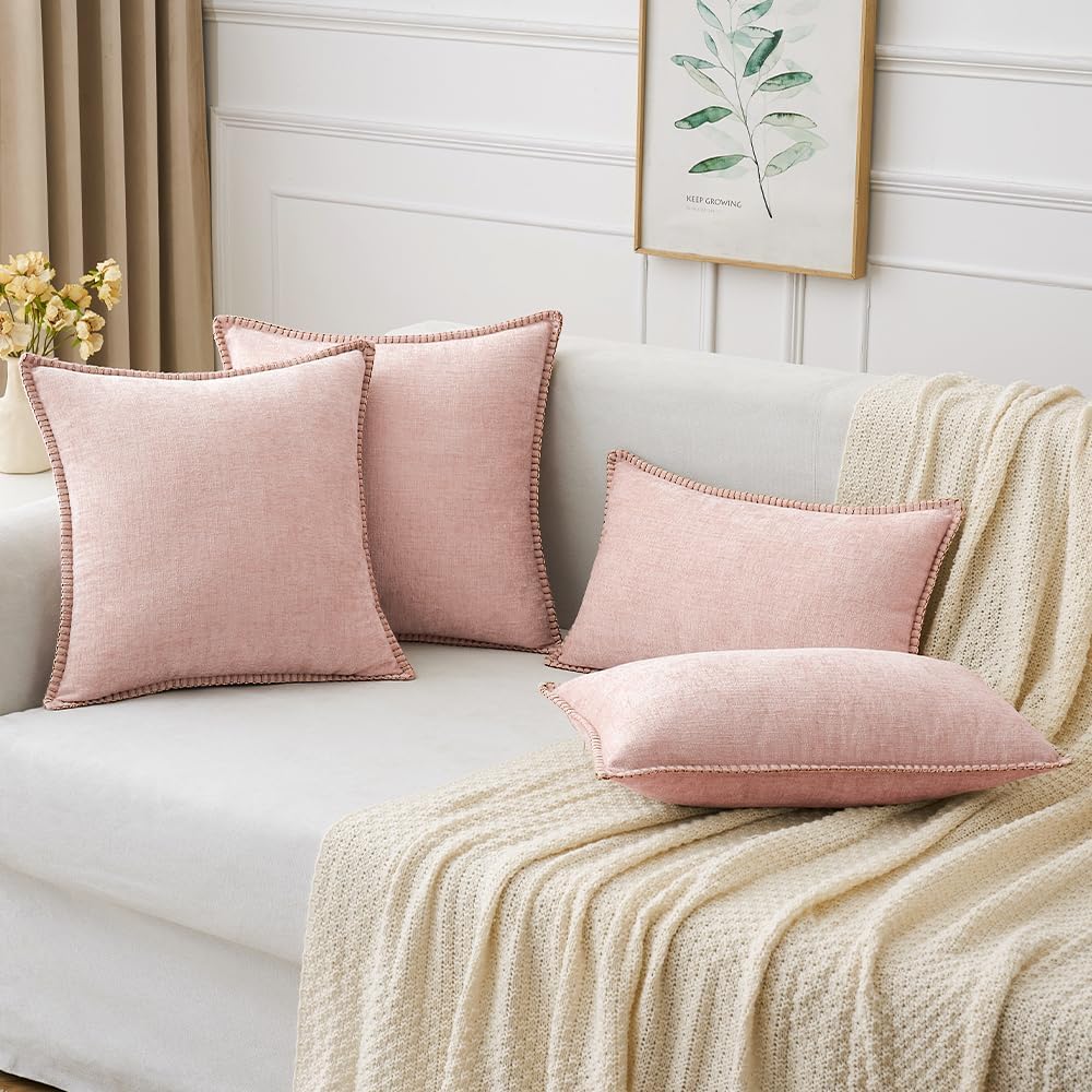 MIULEE Pack of 2 Couch Throw Pillow Covers 20x20 Inch Pink Valentine Farmhouse Decorative Pillow Covers with Stitched Edge Soft Chenille Solid Dyed Spring Pillow Covers for Sofa Bed Living Room