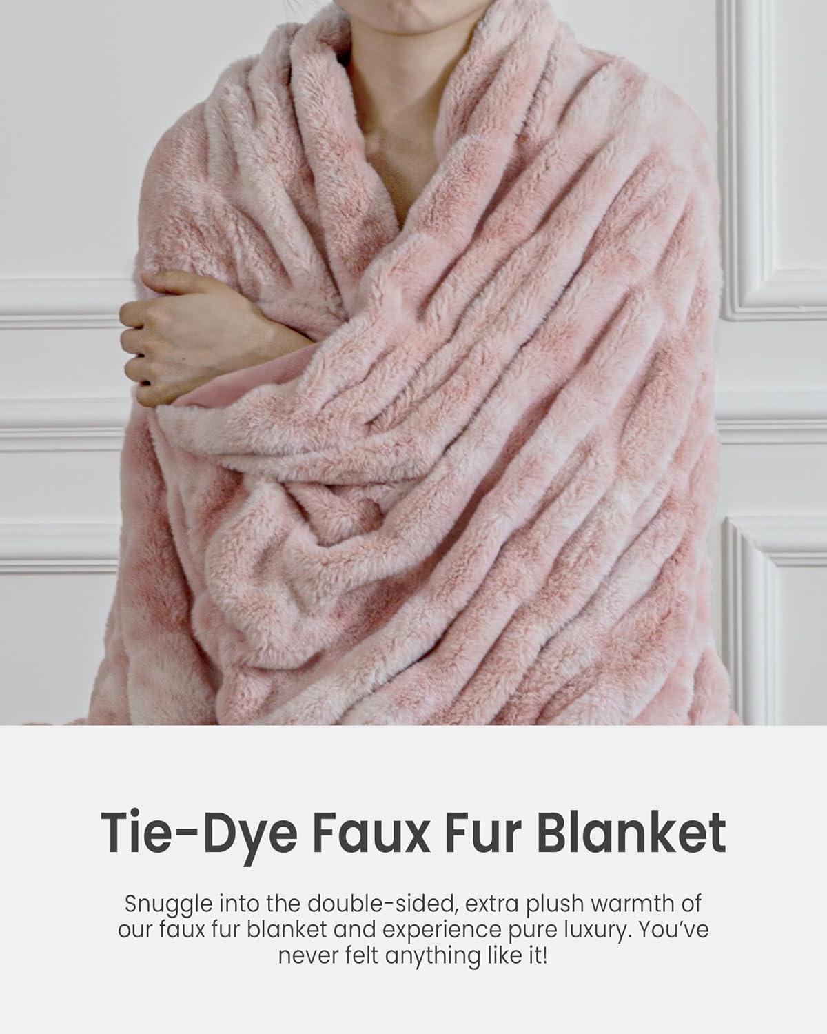 Faux Fur Blanket, Twin Size Oversized Throw Blanket for Couch, Fluffy Blanket with Stretch Ruched Design, Ultra Soft Giftable Home Decor, 60x80 inches, Tie-Dyed in Pink