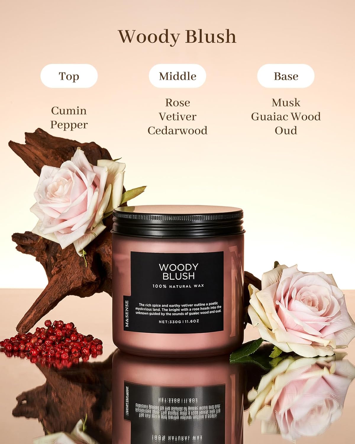 M&SENSE Rose Oudwood Scented Candle, 11.6oz 70 Hours Natural Soy Wax Long Lasting Slow Burning Candles, 2 Wick Relaxing Aromatherapy Gifts for Home Decor