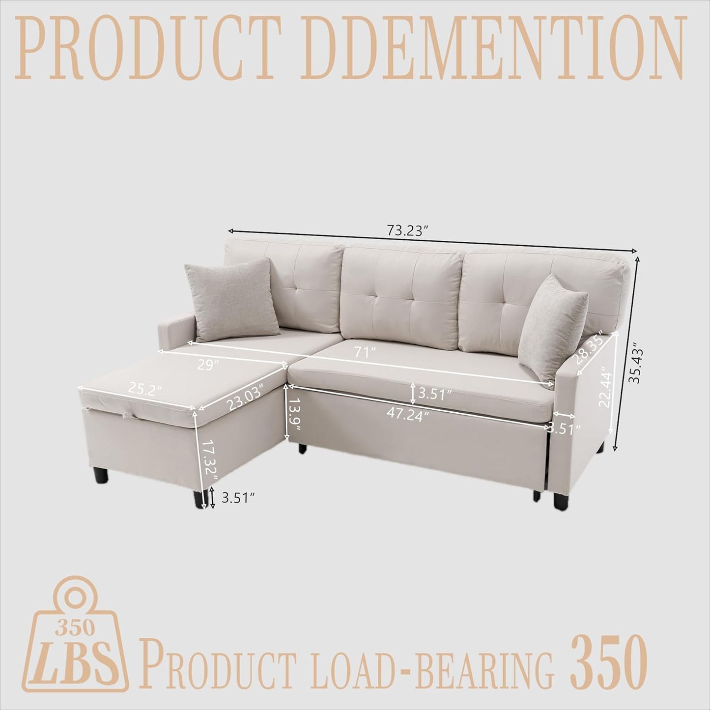 Pull Out Couch, Oversized Sleeper Sofa Couch, Sectional Sleeper Sofa Bed for Living Room Bedroom Lounge (Beige, 73 Inch)