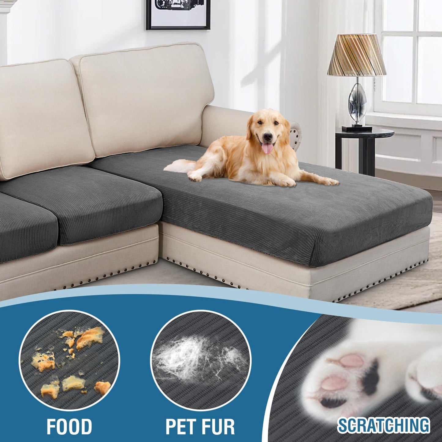 H.VERSAILTEX Velvet Stretch Sectional Couch Covers, 3 Pieces, L-Shaped with Separate Cushions - For Both Left/Right Couch Types (Large Sofa 2 Seater + Chaise, Grey Striped)