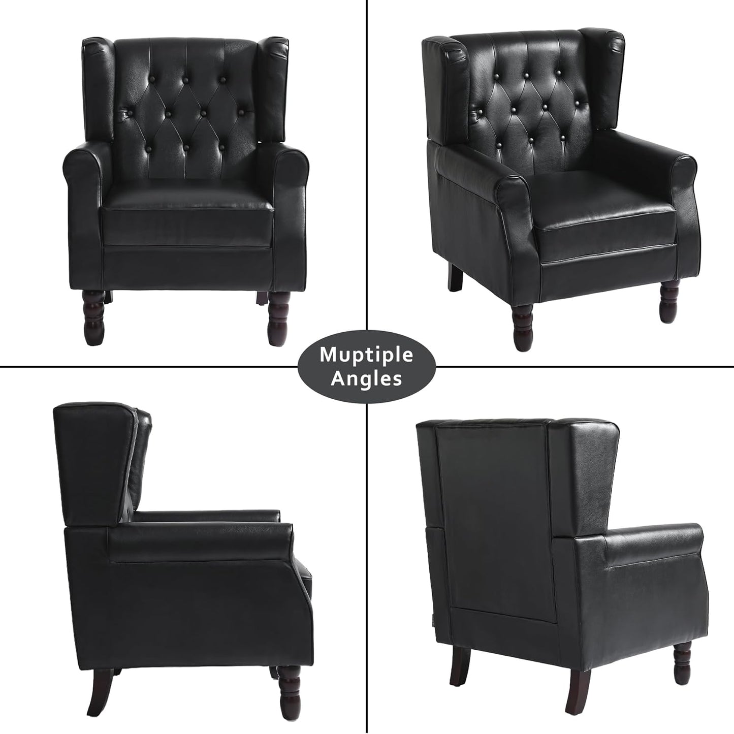 High Back Accent Chairs Set of 2,Upholstered Faux Leather Wingback Armchairs with Solid Wood Legs for Small Spaces,Comfy Single Sofa Chairs for Living Room,Bedroom-Carbon Black