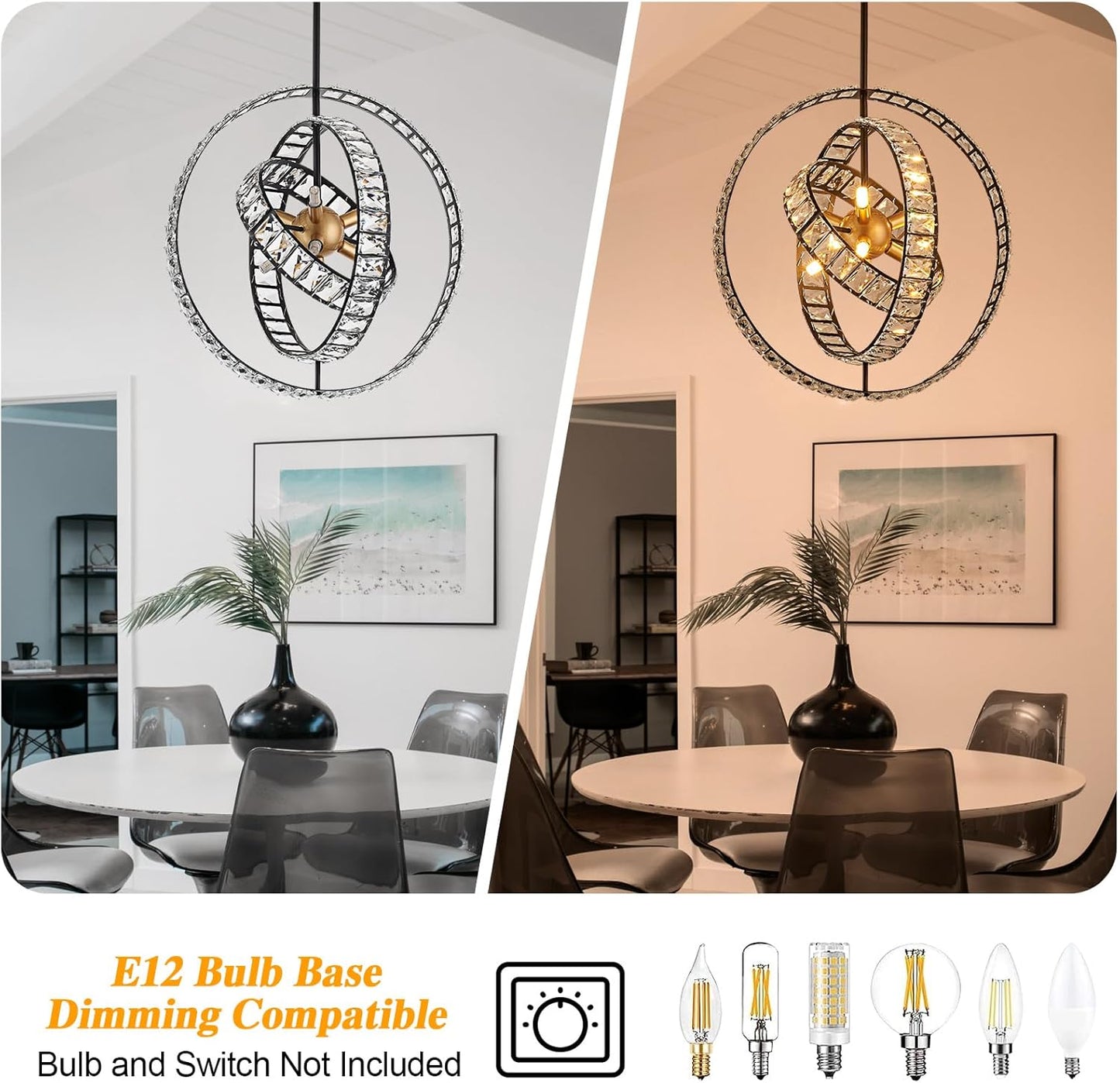 18" Crystal Globe Sputnik Chandelier, 6-Light Black Gold Modern Adjustable Hanging Ceiling Pendant Light Fixture for Entryway Foyer Stairway Bedroom Dining Living Room Hallway