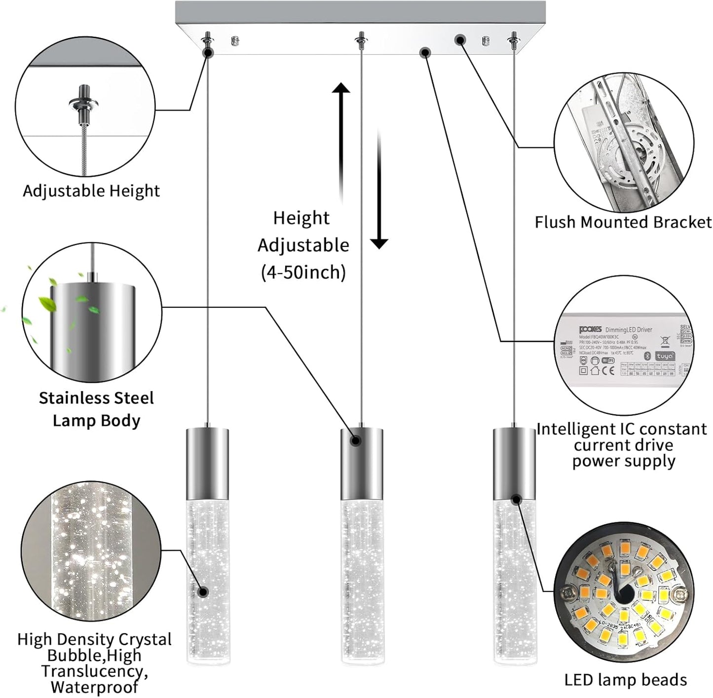 OKELI Smart 3-Light LED Pendant Lighting for Kitchen Island, 18W 1350LM Adjustable 3000K-6000K, Dimmable via TUYA App & Voice Control (Alexa/Google Home), Modern Crystal Bubble Pendant,Chrome Square