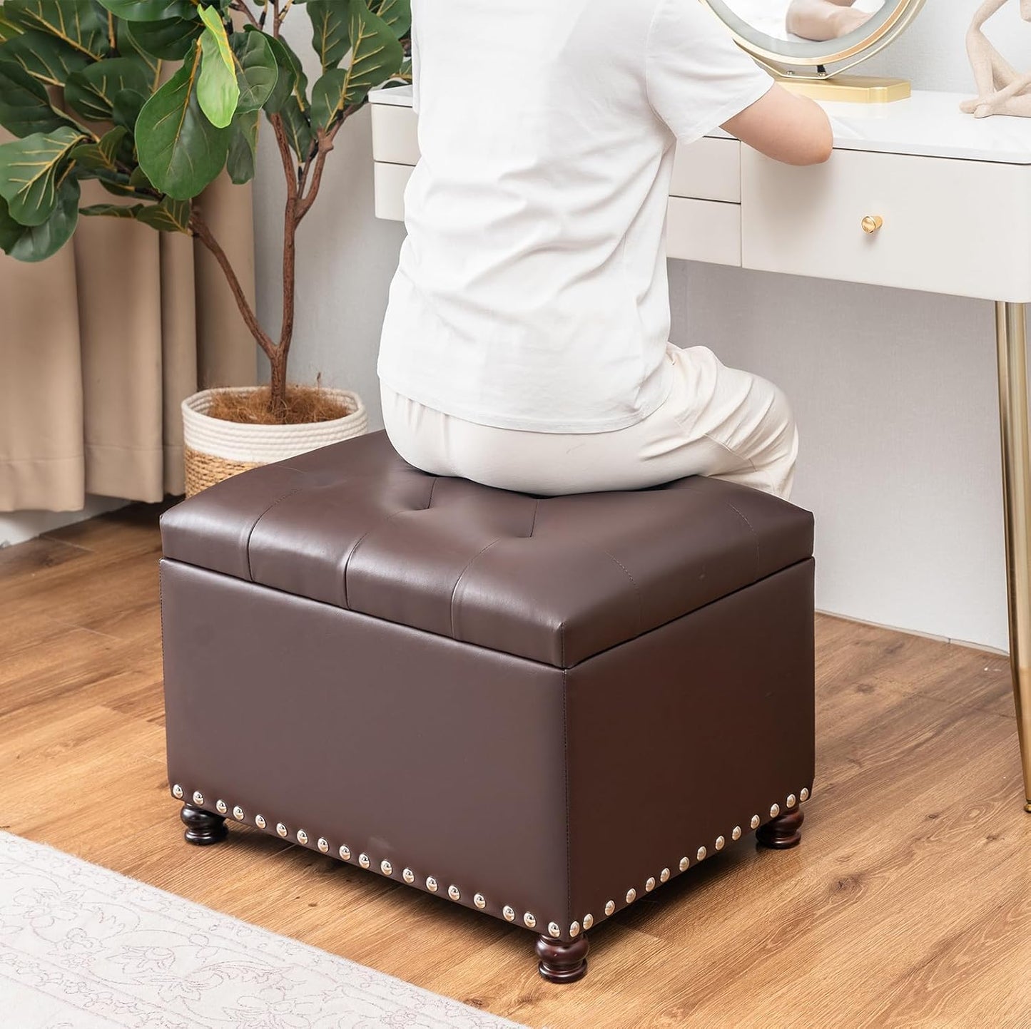 Joveco Leather Storage Ottoman Bench Rectangle 24 Inch Foot Rest Ottomans Stool for Living Room Bedroom(Brown)