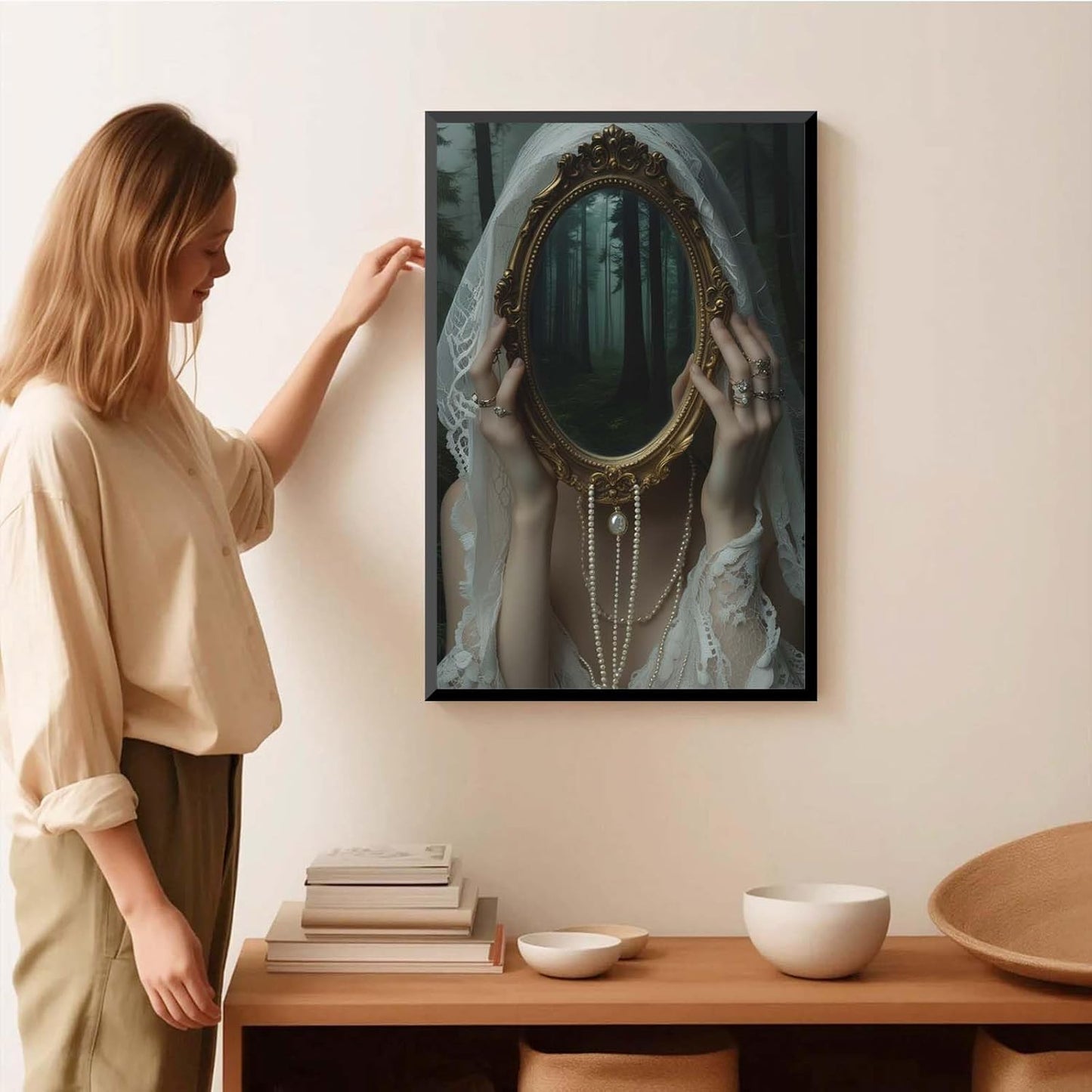 Mirror face covering dark art poster print melancholy gothic painting vintage feminine print victorian style decoration antique art16x24in Metal blackFramed