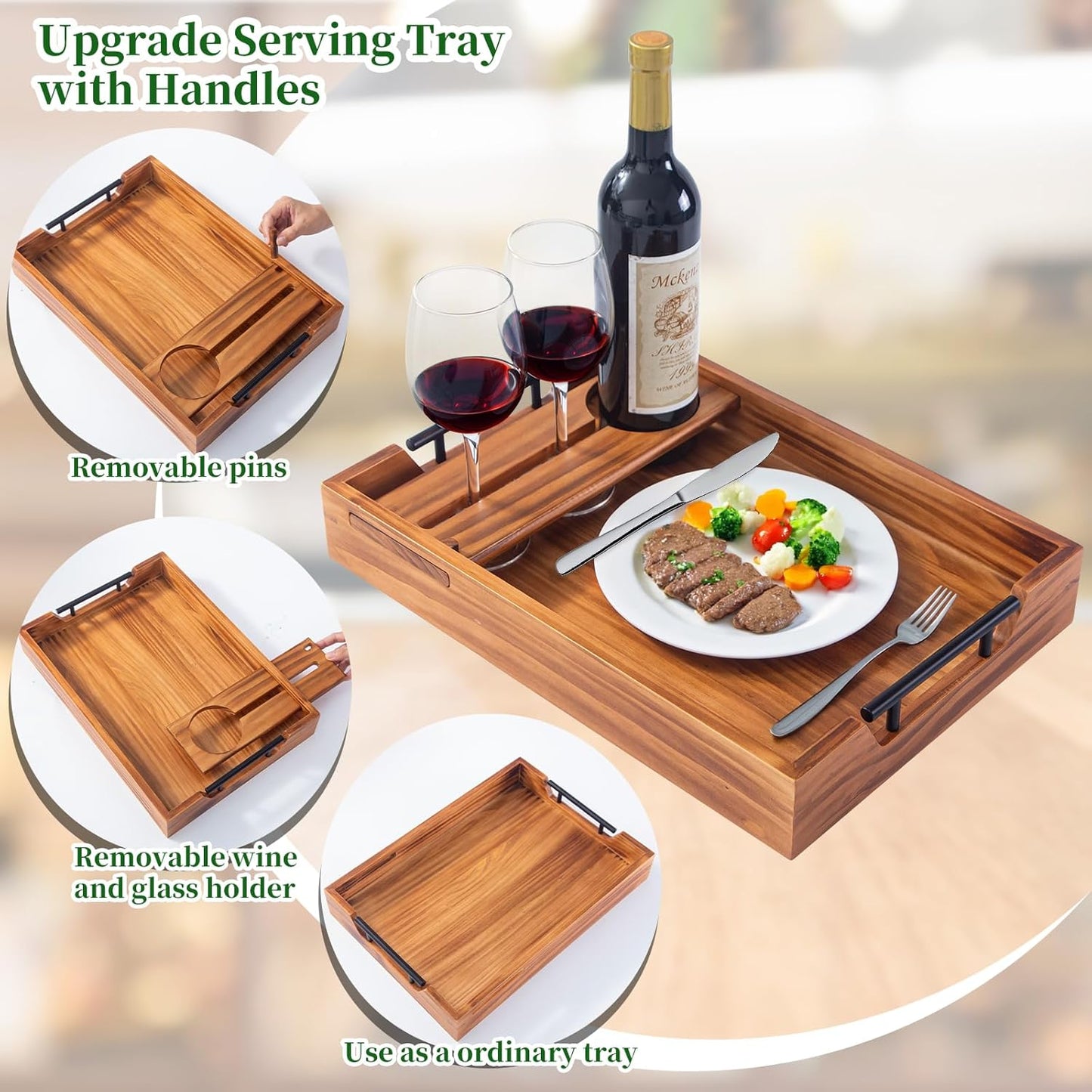 Wood Serving Tray with Handles, 17"x12" Rustic Wooden Trays with Removable Wine Glass Holder Decorative Ottoman Tray for Living Room, Coffee Table, Breakfast Food Trays in Bed