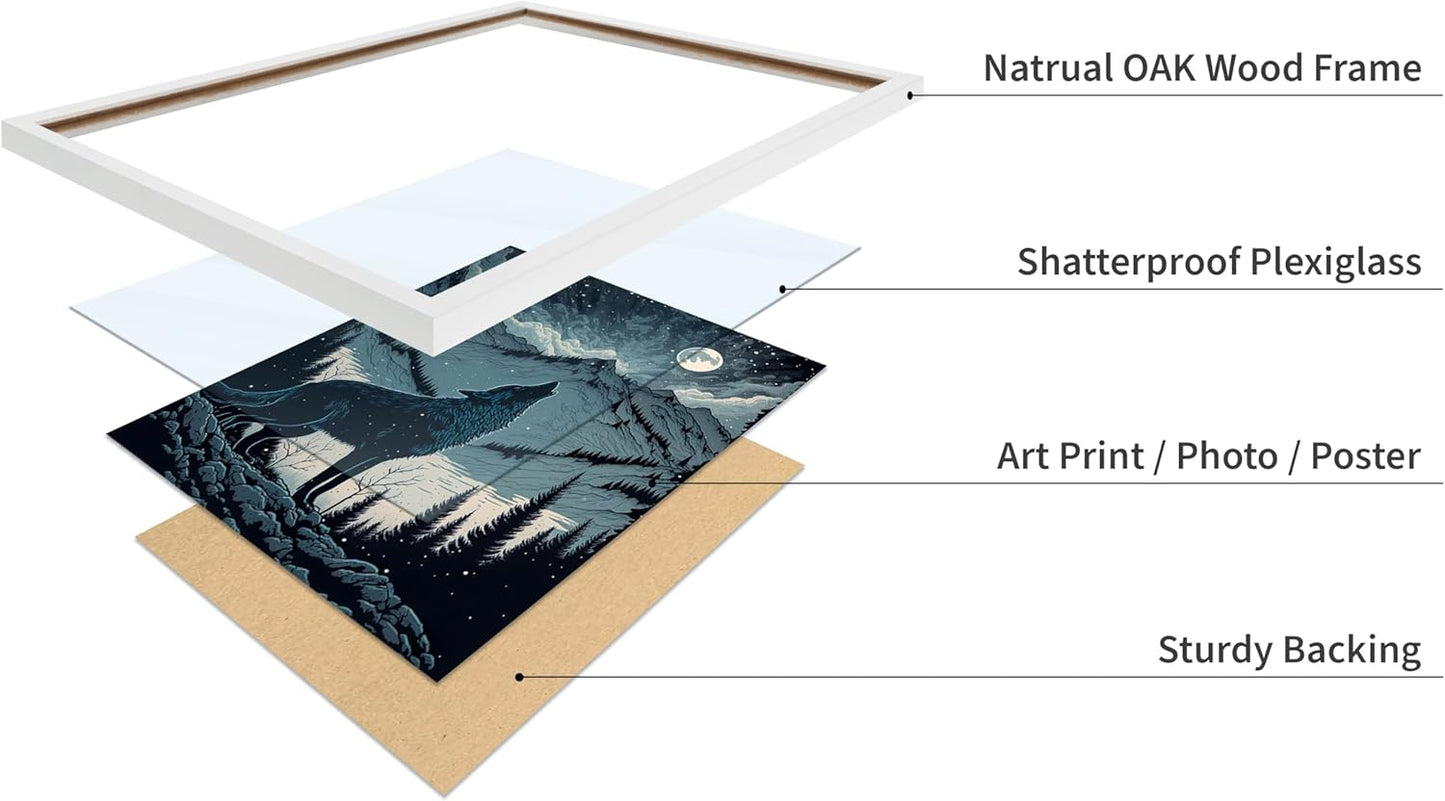 Poster Master Vintage Illustration Poster - Retro Animal Print - Gift for Artist, Friend - Wolf Howling at the Moon, Mountain, Snow, Landscape - Wall Decor for Home, Office, 8x10 White Framed