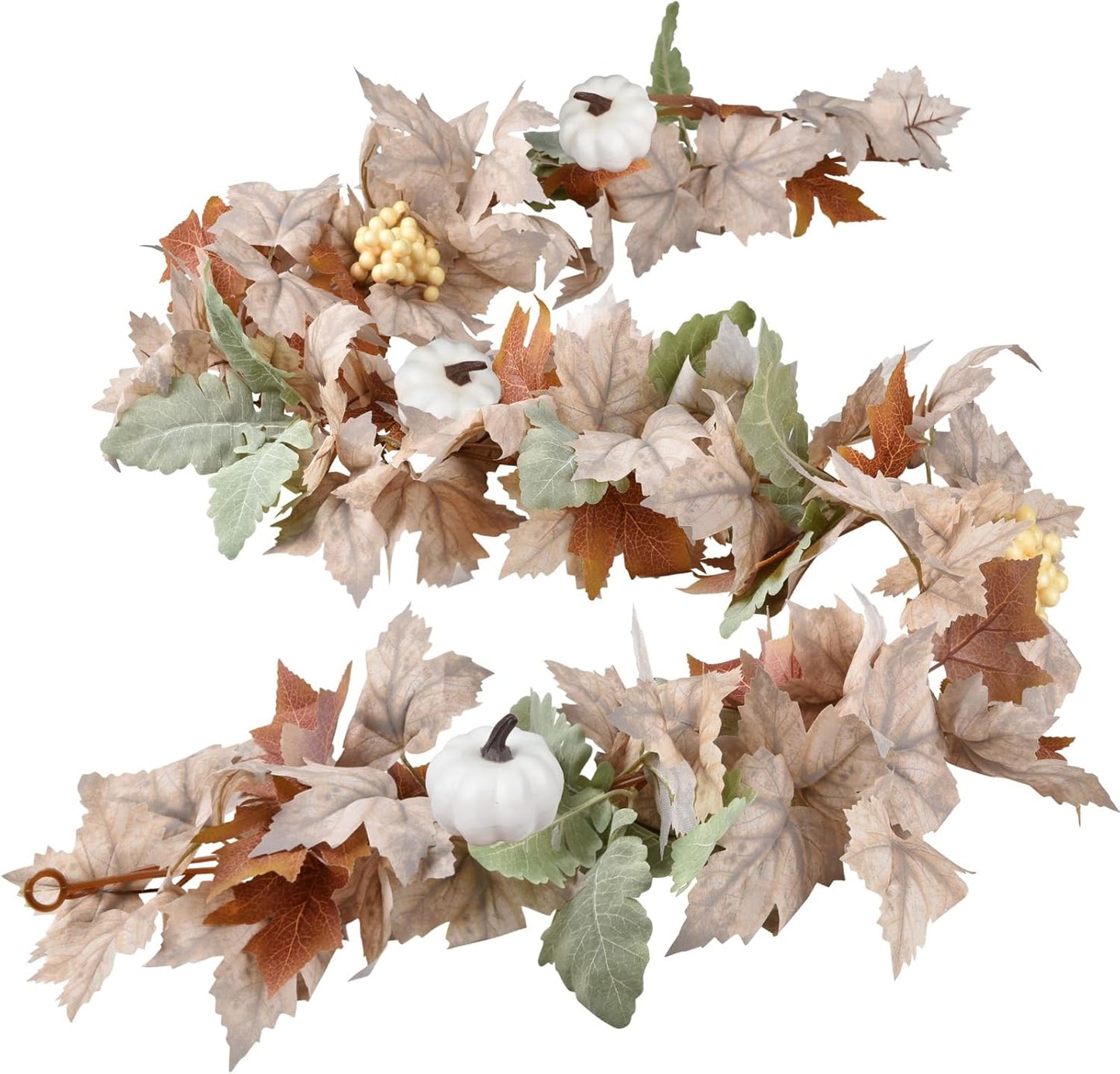 Lvydec Fall Maple Leaves Garland Decoration - 5.8ft Artificial Fall Foliage Garland with White Pumpkins Autumn Decor for Halloween Thanksgiving Home Table Decor (White)