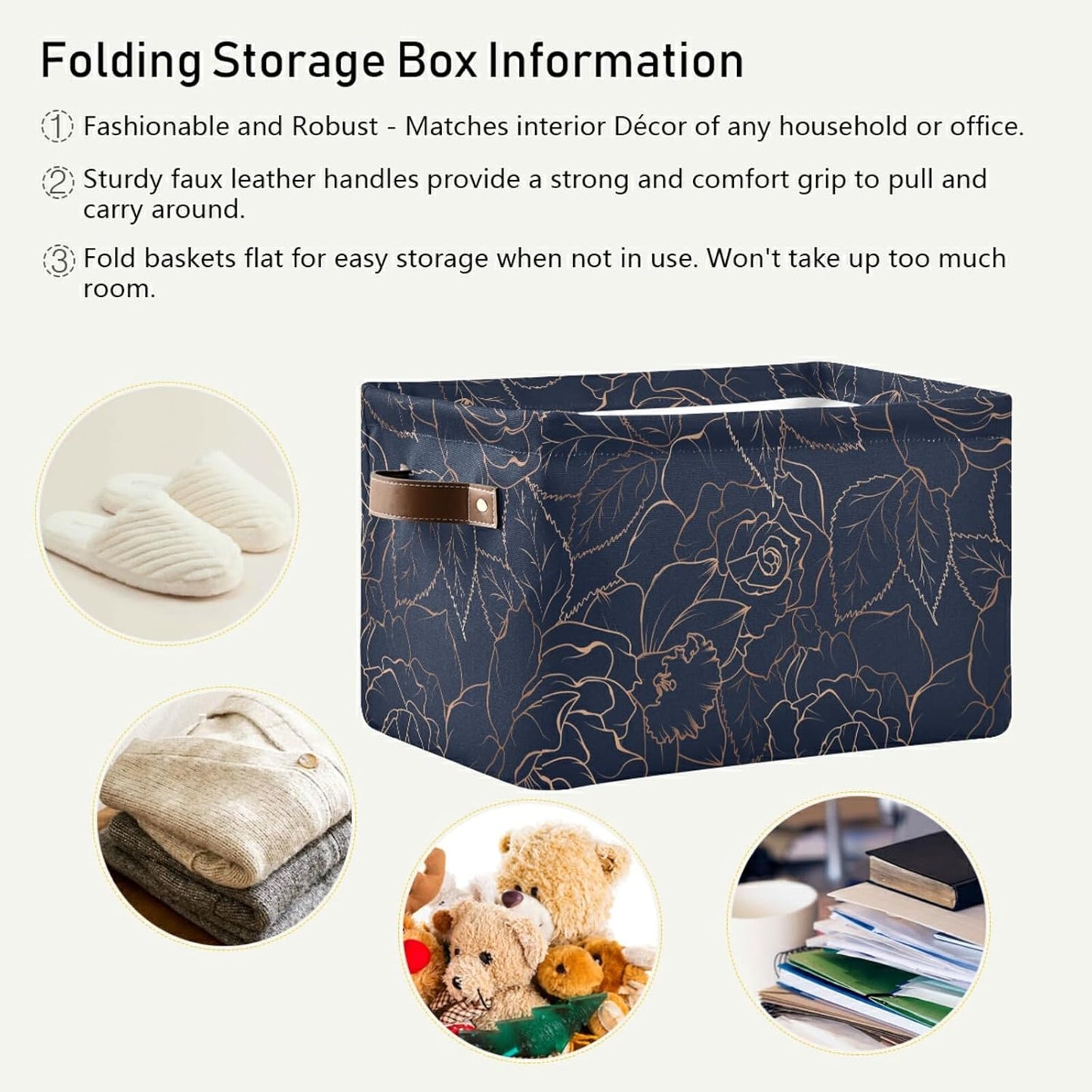 susiyo Large Foldable Storage Bins Collapsible Decorative Fabric Storage Baskets with Leather Handles for Home Closet Bedroom Organizer Nursery 2 Pack,Navy Blue