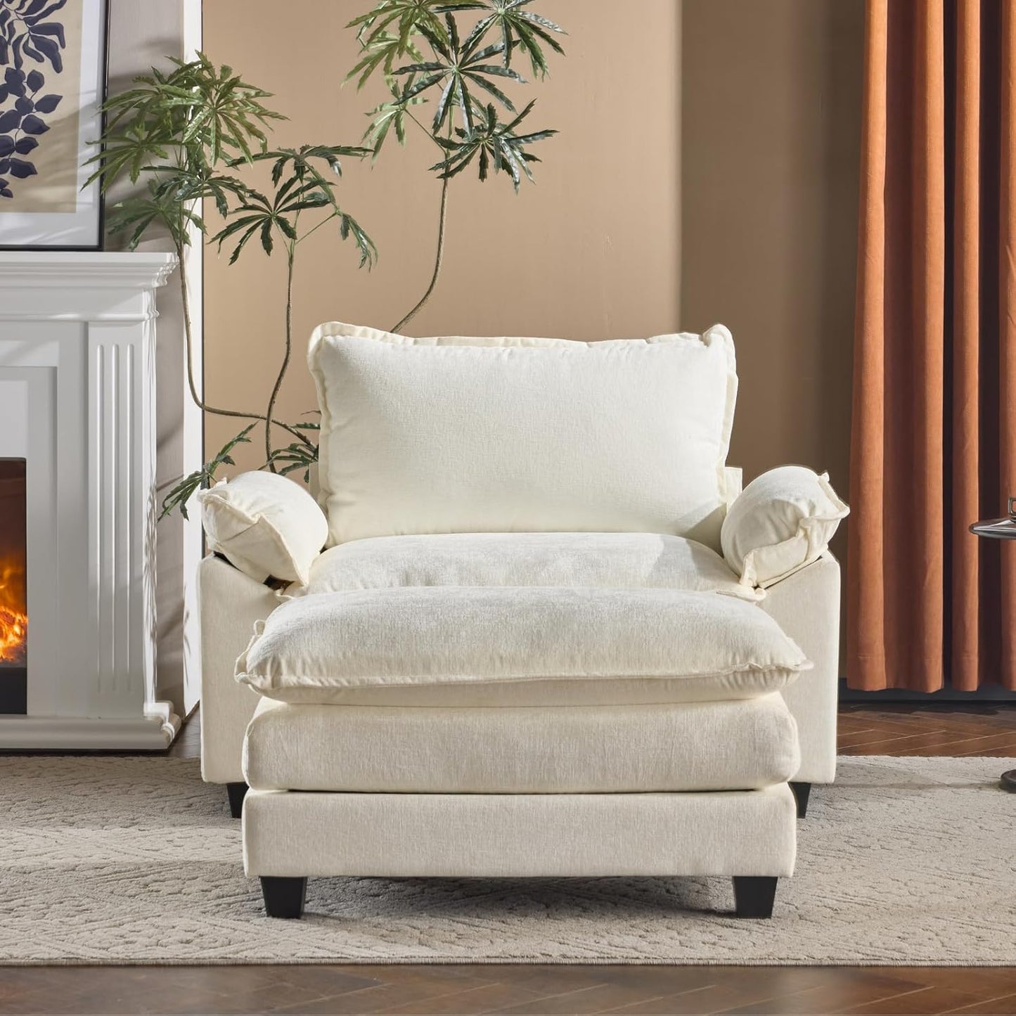 Karl home Oversized Accent Chair Chenille Sofa with Chaise, Modern Sofa Chair with Removable Ottoman Modular 1-Seater Couch and 2-Layer Ottoman for Living Room, Apartment, Studio, Beige